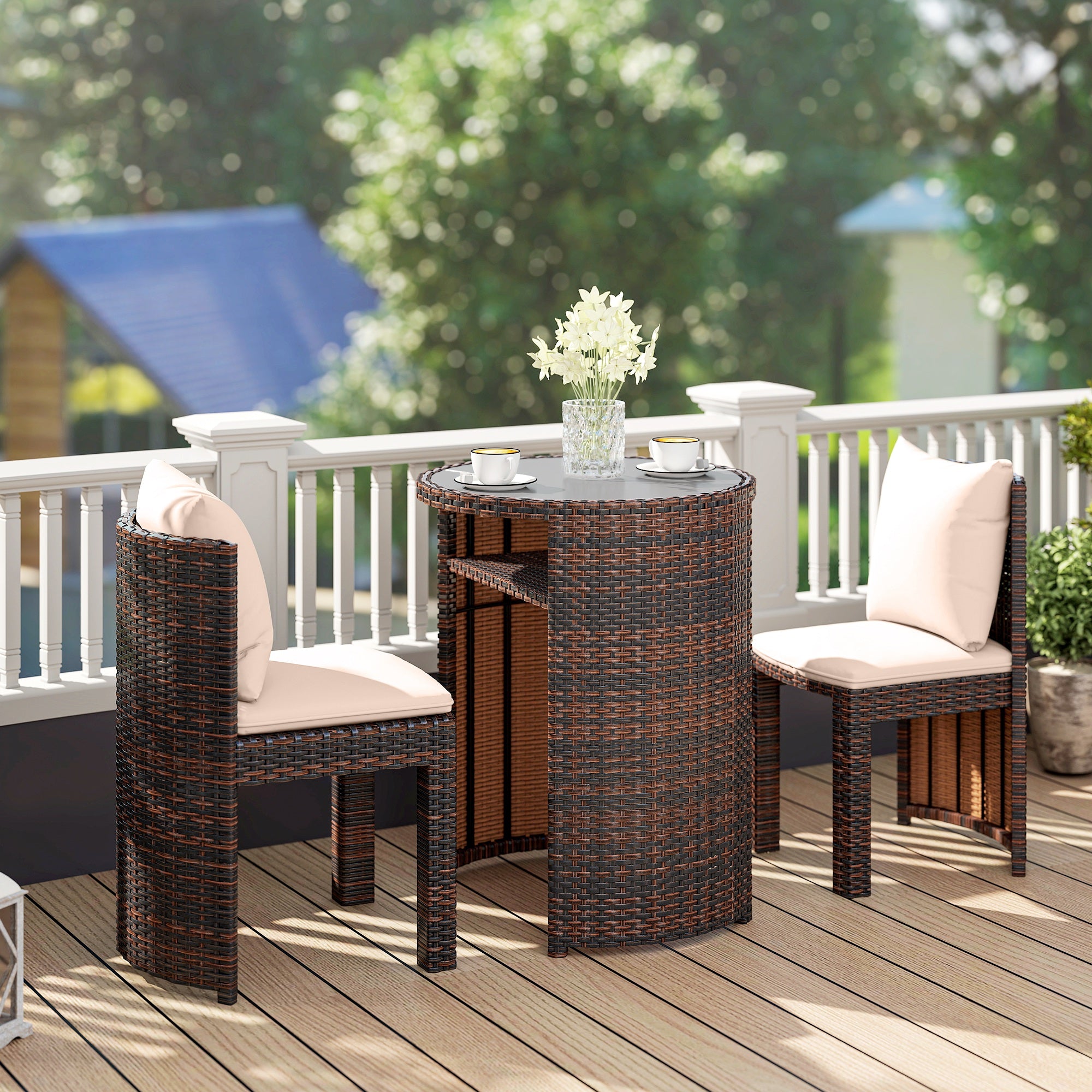 Garden or Outdoor Rattan Table and Chairs Set, 3 Pc, Brown and Beige