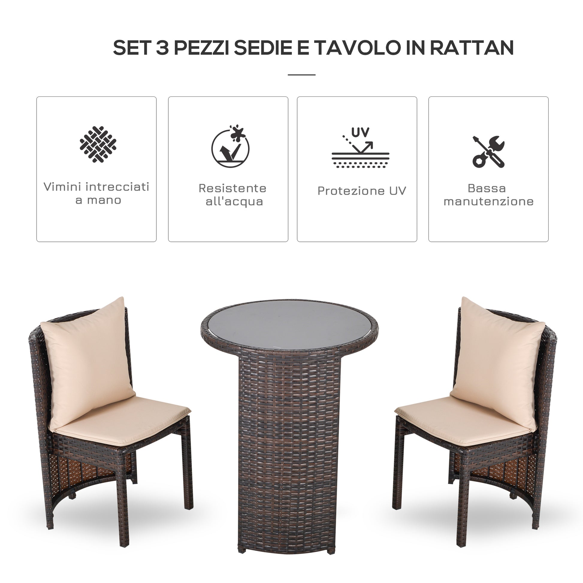 Garden or Outdoor Rattan Table and Chairs Set, 3 Pc, Brown and Beige