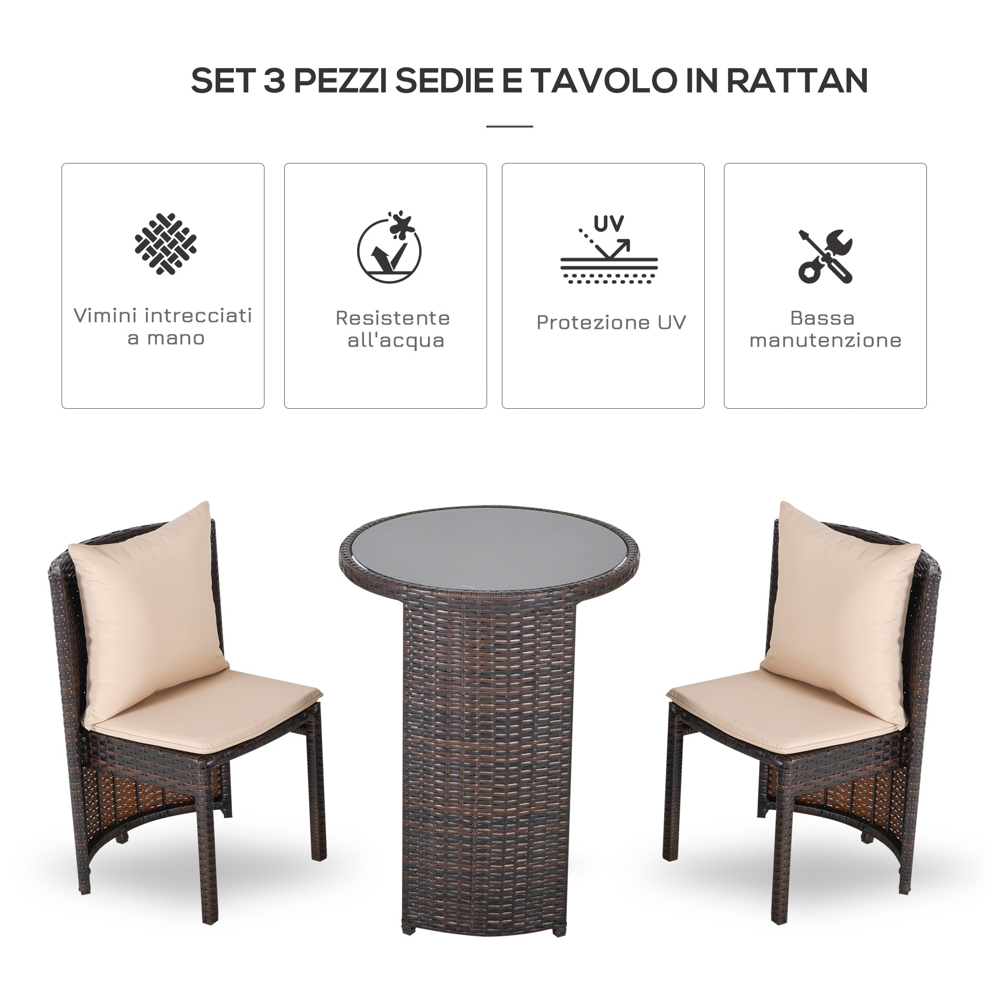 Garden or Outdoor Rattan Table and Chairs Set, 3 Pc, Brown and Beige