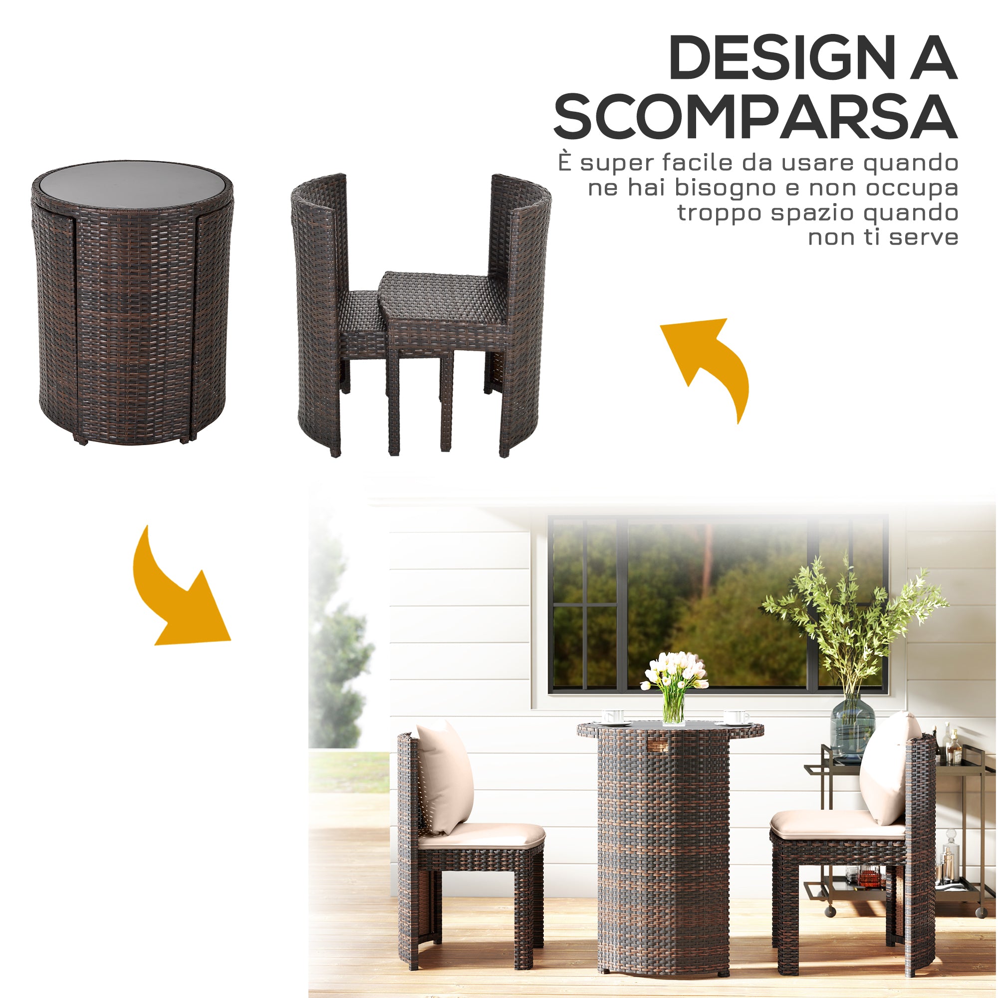 Garden or Outdoor Rattan Table and Chairs Set, 3 Pc, Brown and Beige