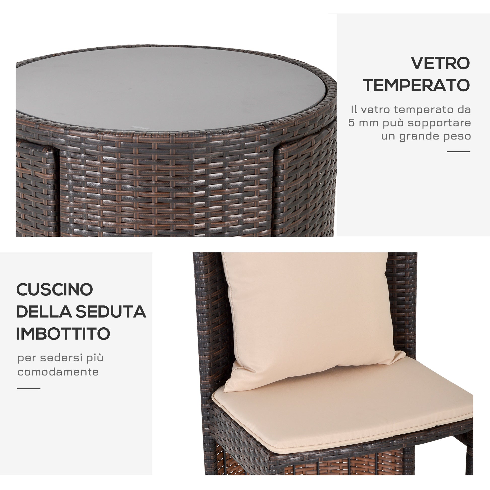 Garden or Outdoor Rattan Table and Chairs Set, 3 Pc, Brown and Beige