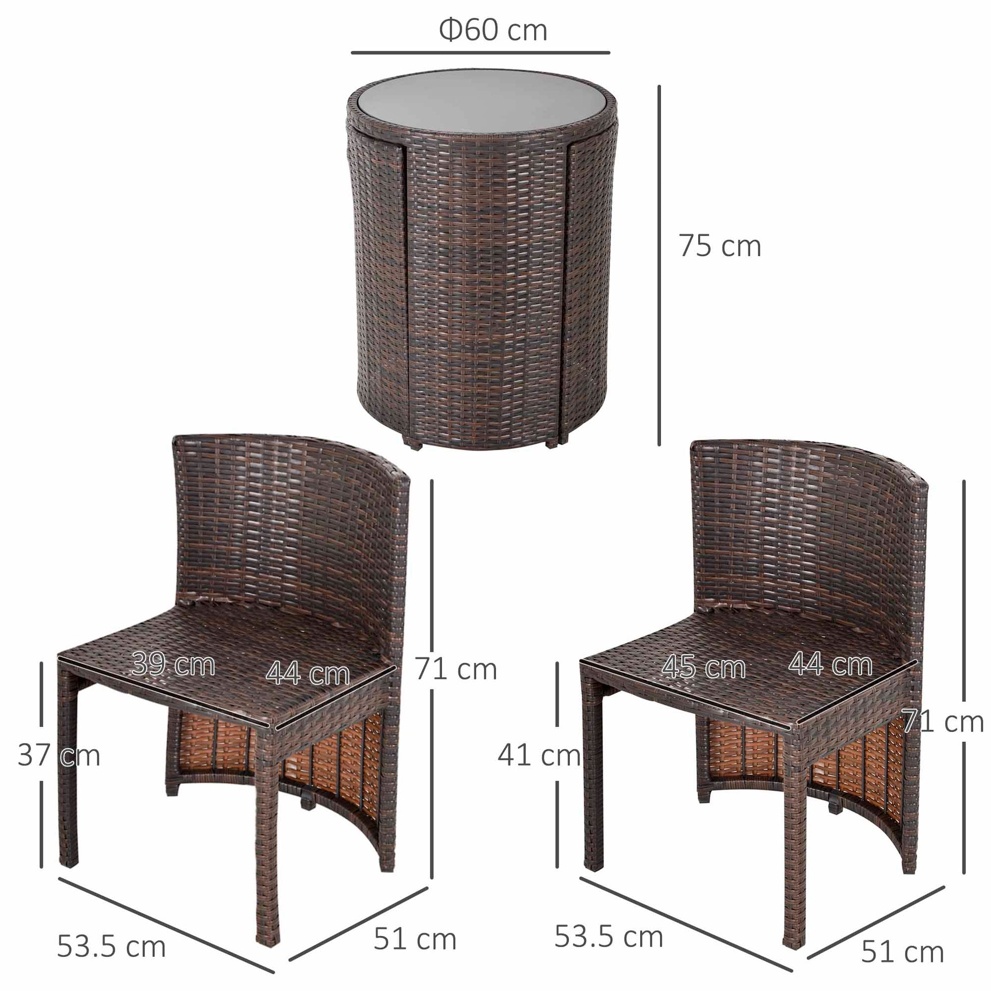 Garden or Outdoor Rattan Table and Chairs Set, 3 Pc, Brown and Beige