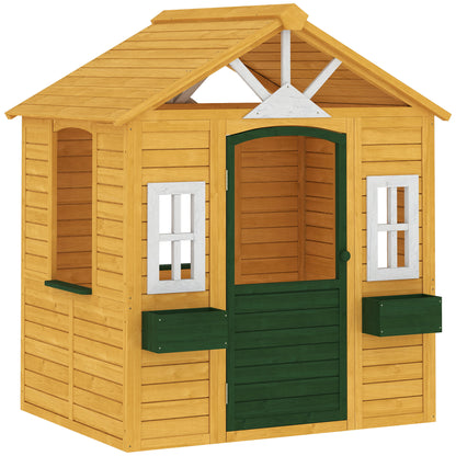 Wooden Kids Playhouse Outdoor — Door, 3 Windows, 2 Planters, Ages 3–8 — 53 x 38 x 59 in (134.5 x 97 x 150 cm), Brown