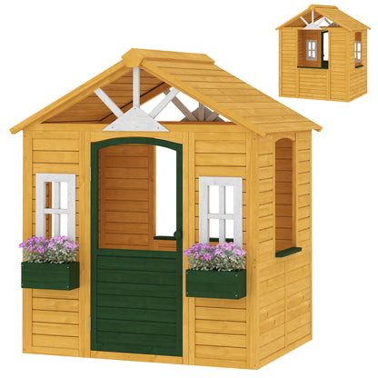 Wooden Kids Playhouse Outdoor — Door, 3 Windows, 2 Planters, Ages 3–8 — 53 x 38 x 59 in (134.5 x 97 x 150 cm), Brown