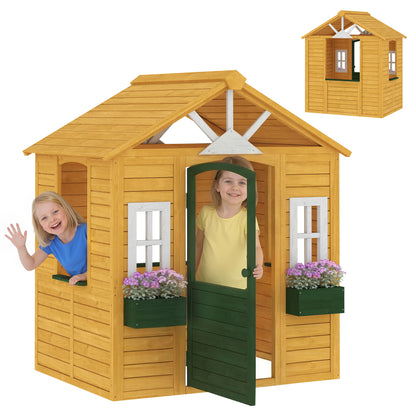 Wooden Kids Playhouse Outdoor — Door, 3 Windows, 2 Planters, Ages 3–8 — 53 x 38 x 59 in (134.5 x 97 x 150 cm), Brown