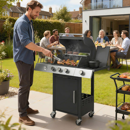 10.5 kW 3+1-Burner Propane Gas Grill Cart, Stainless Steel — Side Burner, Bottle Opener, Thermometer, Cast-Iron Grates, Warming Rack, Wheels, Side Shelves & Cabinet — Ideal for Balcony & Parties