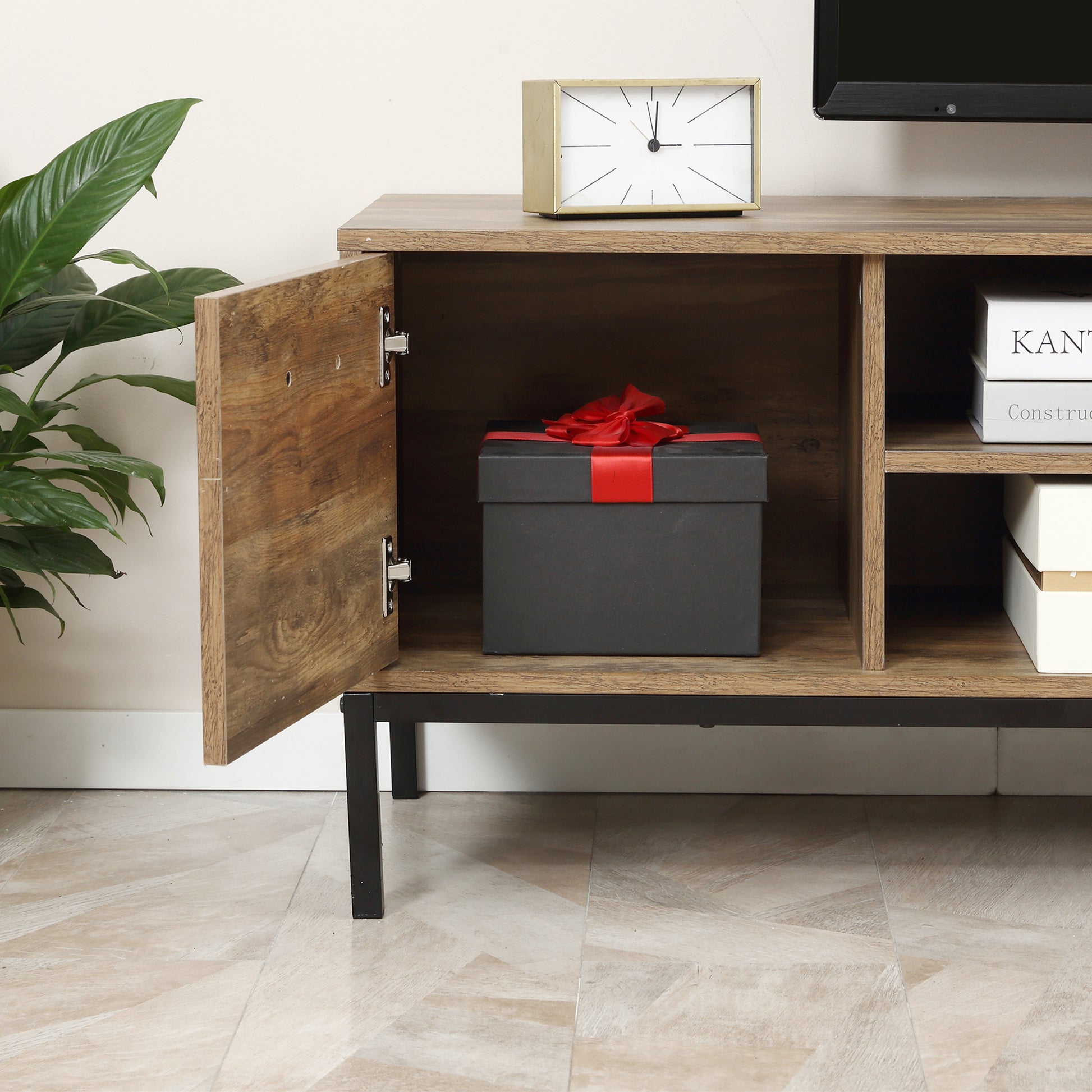 TV Stand Wooden TV Cabinet for TVs up to 50 Inches with 2 Drawers 2 Shelves Cable Management for Living Room Dining Room Bedroom, 132 x 39 x 45.5 cm Brown Black