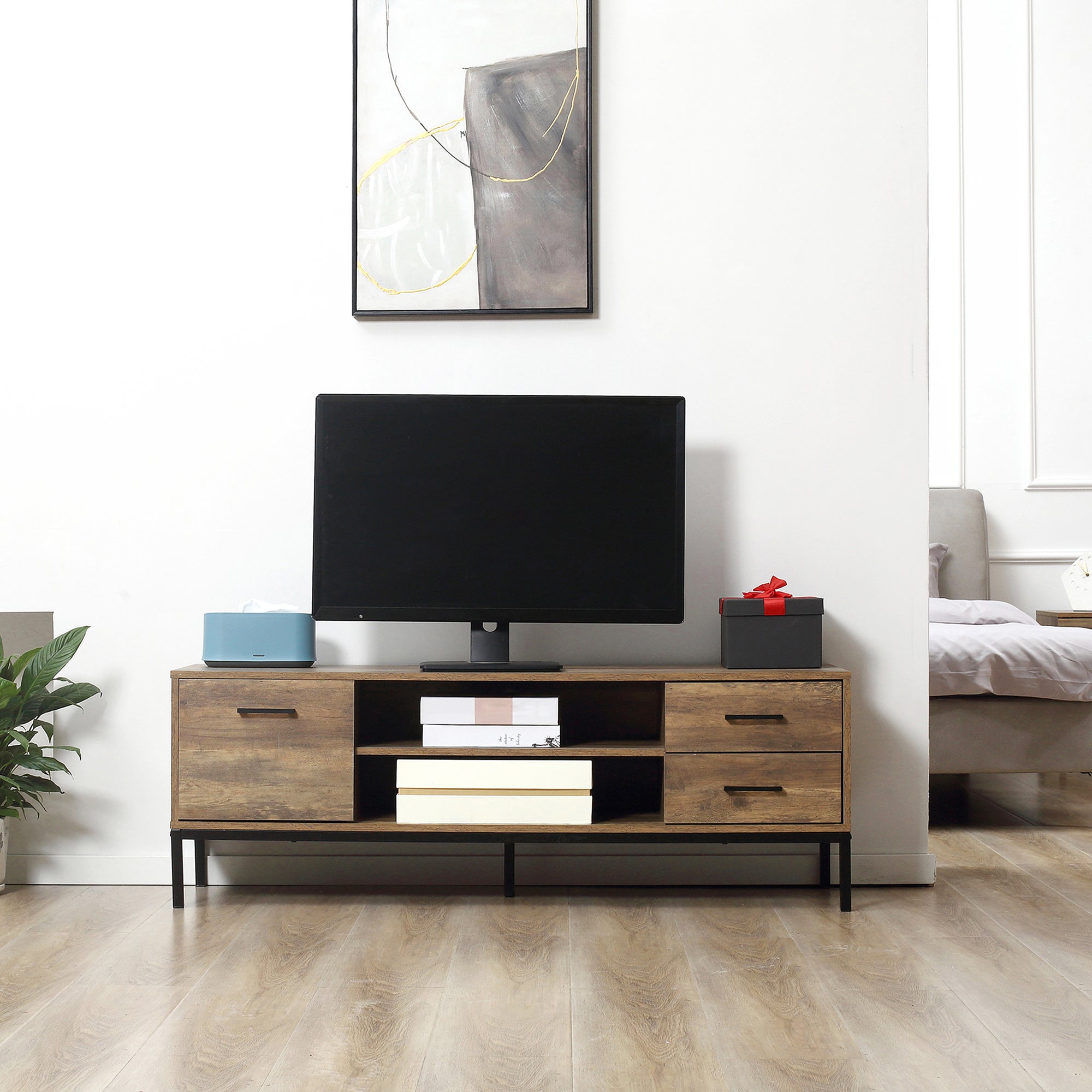 TV Stand Wooden TV Cabinet for TVs up to 50 Inches with 2 Drawers 2 Shelves Cable Management for Living Room Dining Room Bedroom, 132 x 39 x 45.5 cm Brown Black