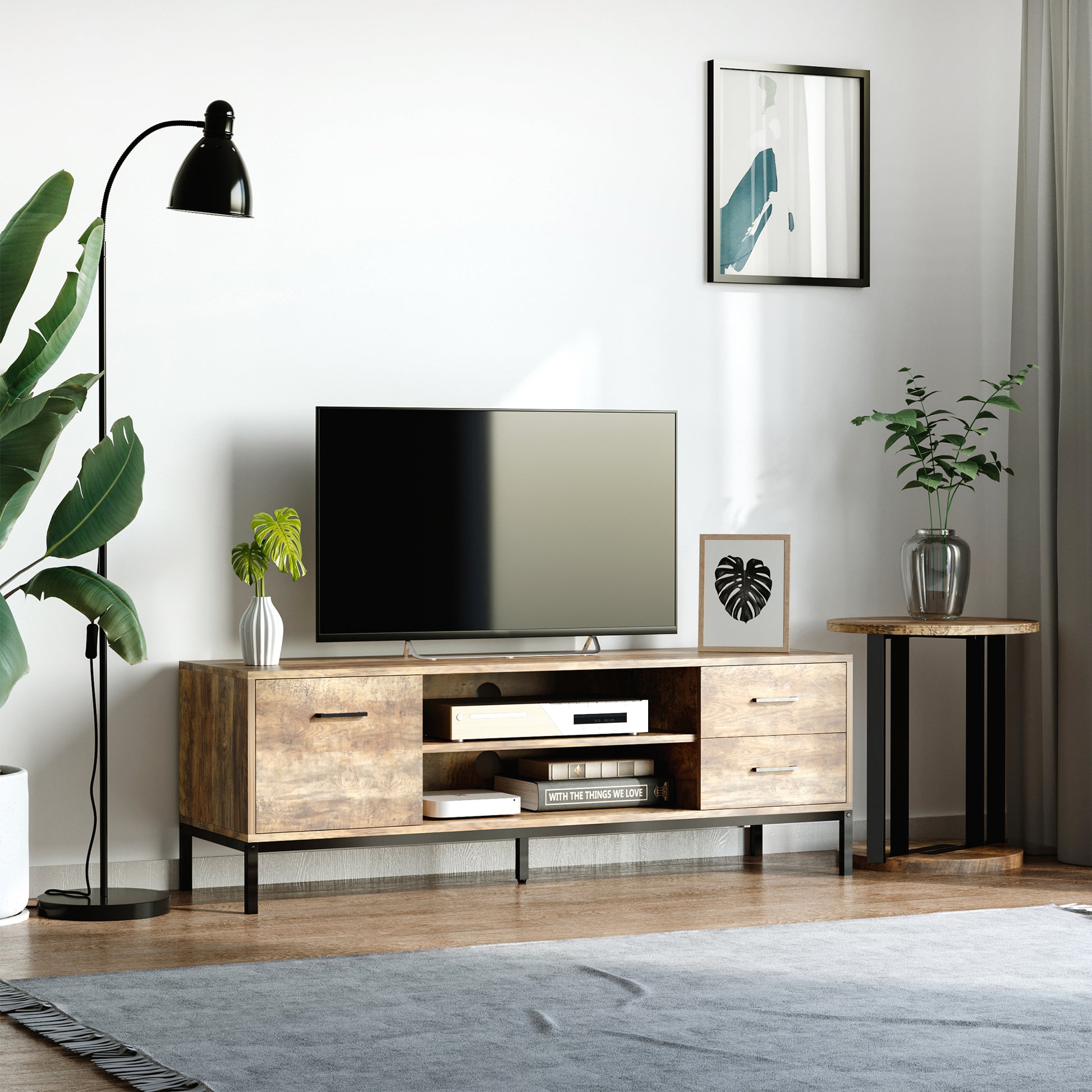 TV Stand Wooden TV Cabinet for TVs up to 50 Inches with 2 Drawers 2 Shelves Cable Management for Living Room Dining Room Bedroom, 132 x 39 x 45.5 cm Brown Black