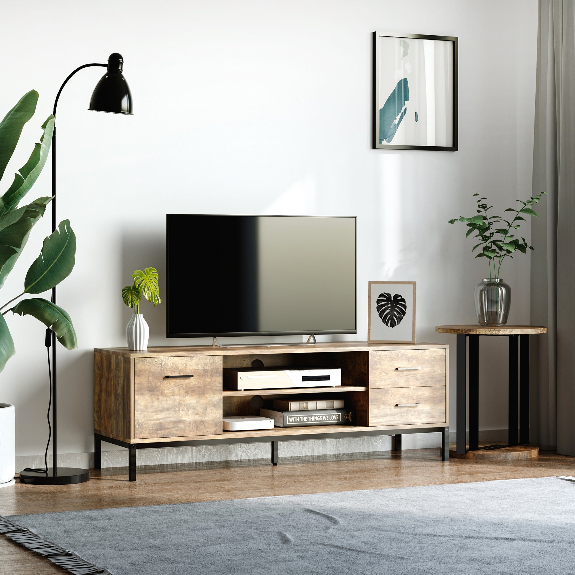 TV Stand Wooden TV Cabinet for TVs up to 50 Inches with 2 Drawers 2 Shelves Cable Management for Living Room Dining Room Bedroom, 132 x 39 x 45.5 cm Brown Black