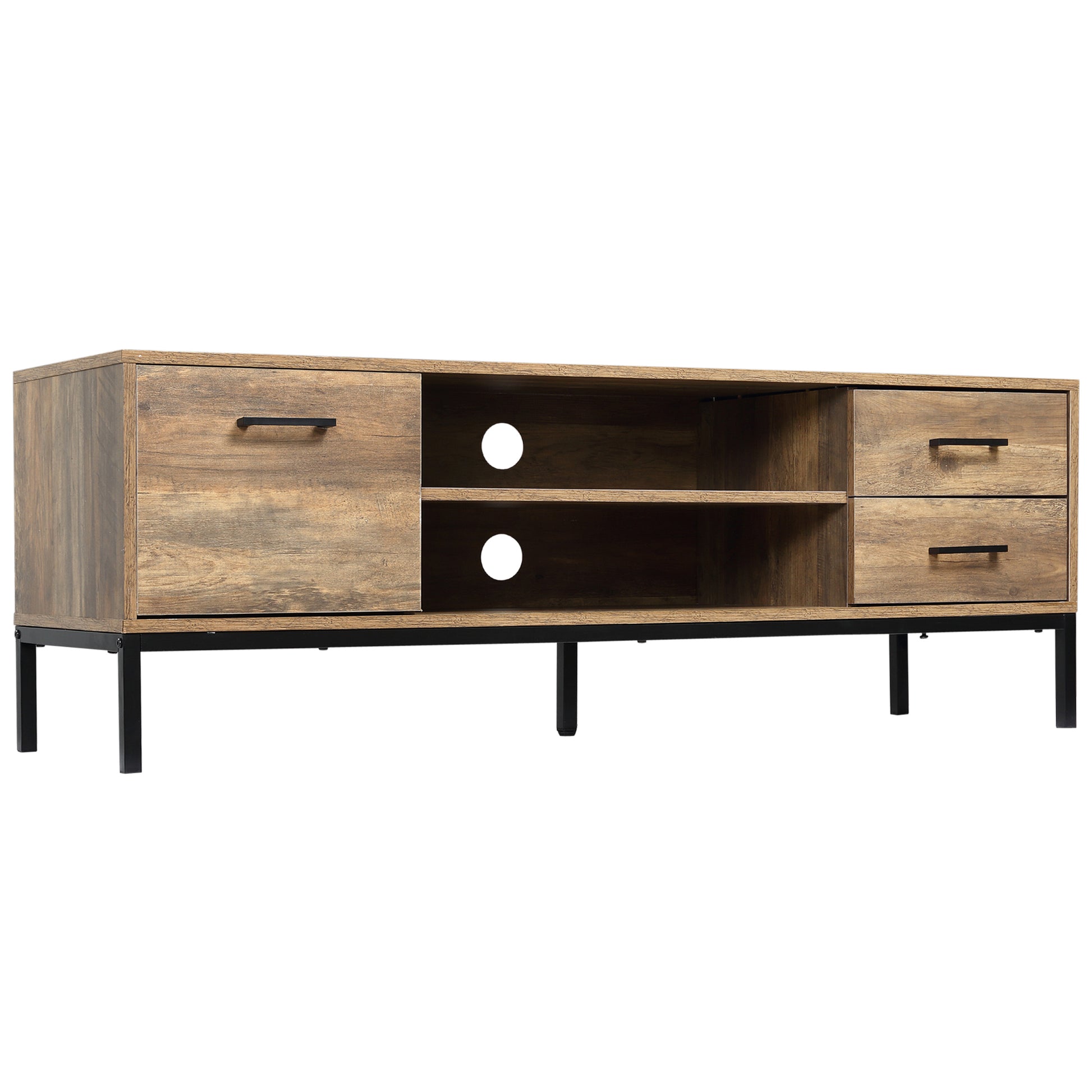 TV Stand Wooden TV Cabinet for TVs up to 50 Inches with 2 Drawers 2 Shelves Cable Management for Living Room Dining Room Bedroom, 132 x 39 x 45.5 cm Brown Black