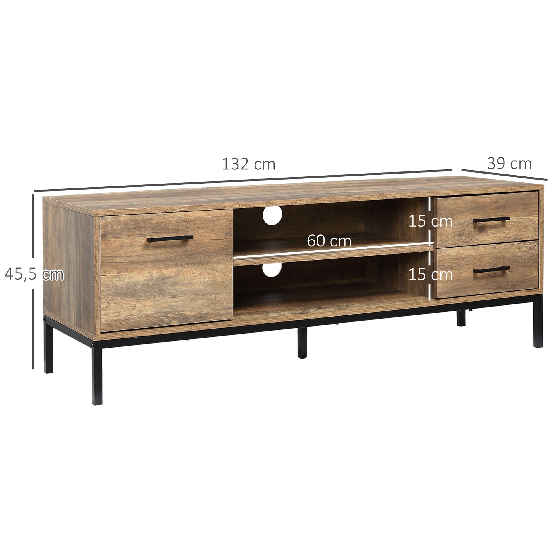 TV Stand Wooden TV Cabinet for TVs up to 50 Inches with 2 Drawers 2 Shelves Cable Management for Living Room Dining Room Bedroom, 132 x 39 x 45.5 cm Brown Black