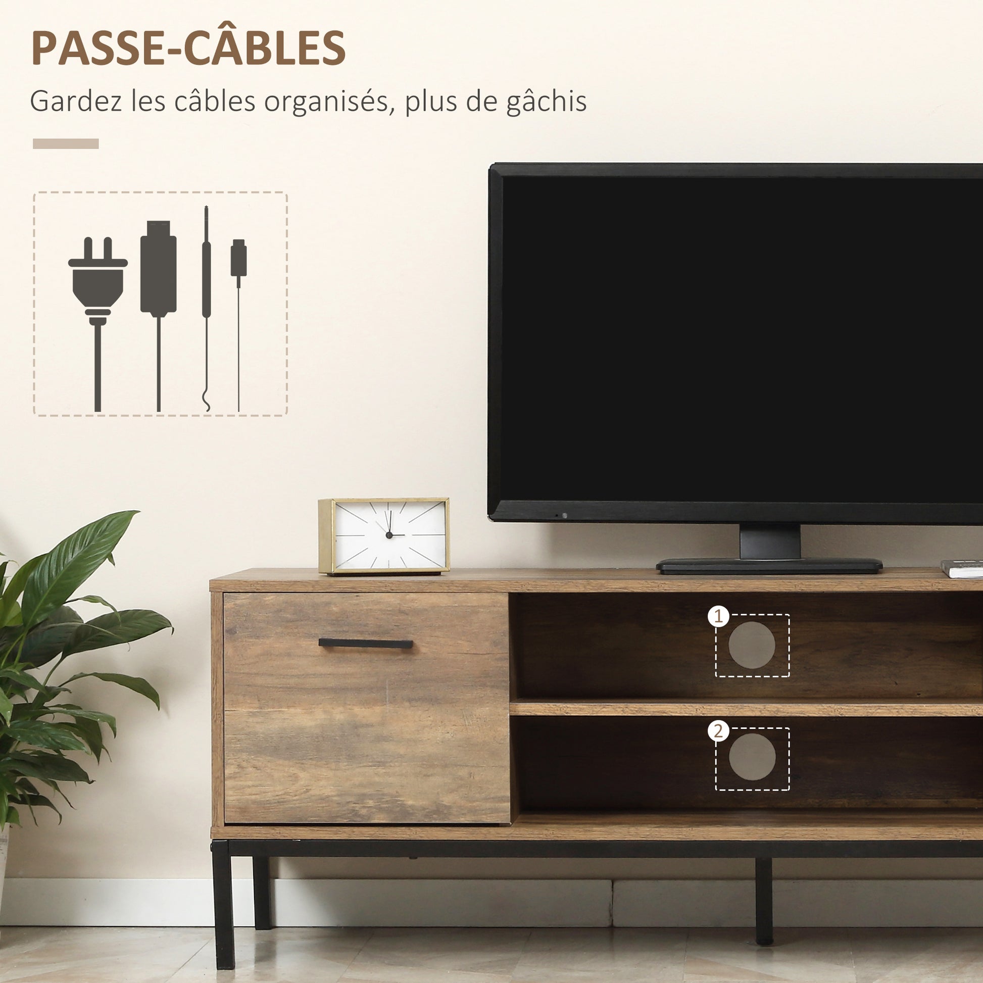 TV Stand Wooden TV Cabinet for TVs up to 50 Inches with 2 Drawers 2 Shelves Cable Management for Living Room Dining Room Bedroom, 132 x 39 x 45.5 cm Brown Black