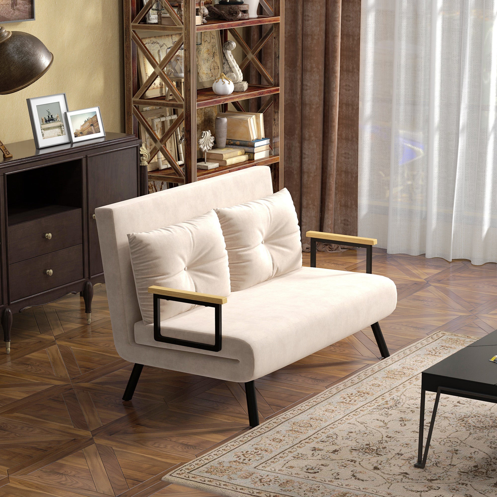 sleeper sofa, folding bed with bed function, recliner with back cushions, padded sofa with adjustable backrest, velvet look, 102W x 73D x 81H cm, Beige