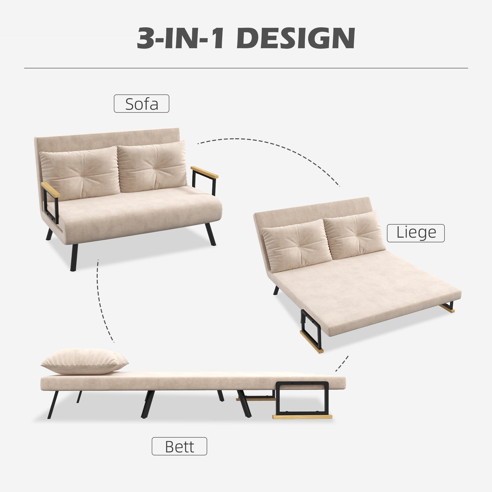 sleeper sofa, folding bed with bed function, recliner with back cushions, padded sofa with adjustable backrest, velvet look, 102W x 73D x 81H cm, Beige