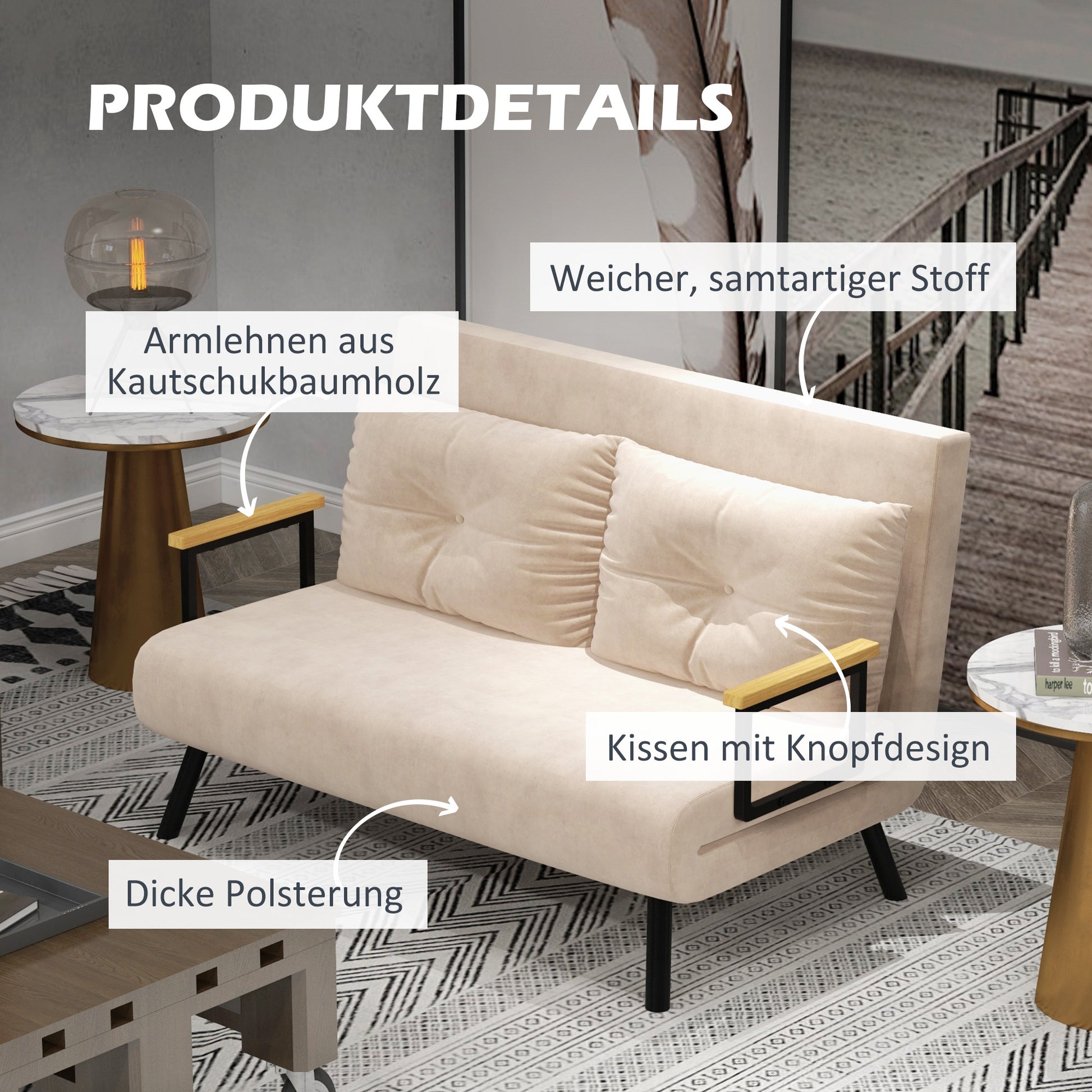 sleeper sofa, folding bed with bed function, recliner with back cushions, padded sofa with adjustable backrest, velvet look, 102W x 73D x 81H cm, Beige