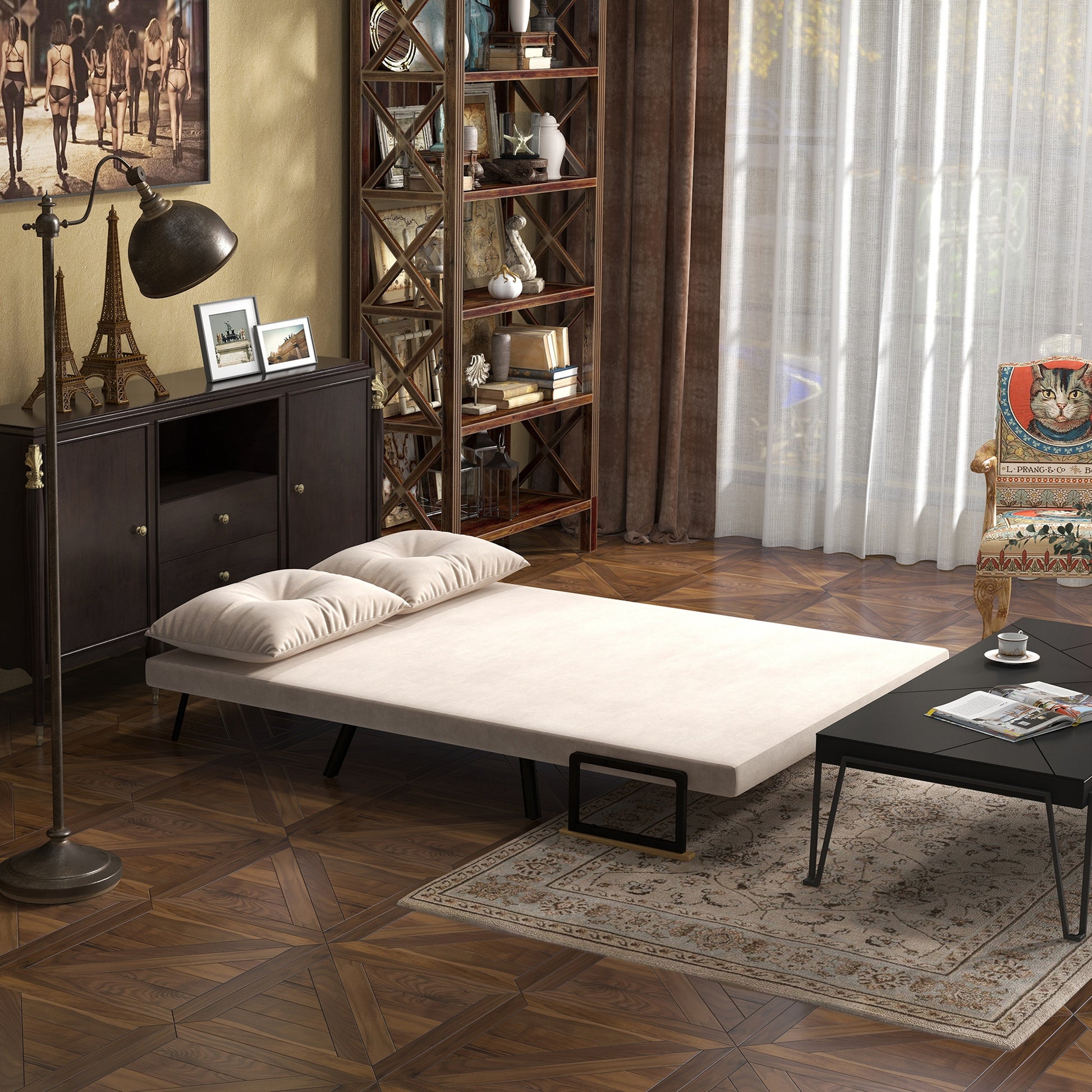 sleeper sofa, folding bed with bed function, recliner with back cushions, padded sofa with adjustable backrest, velvet look, 102W x 73D x 81H cm, Beige