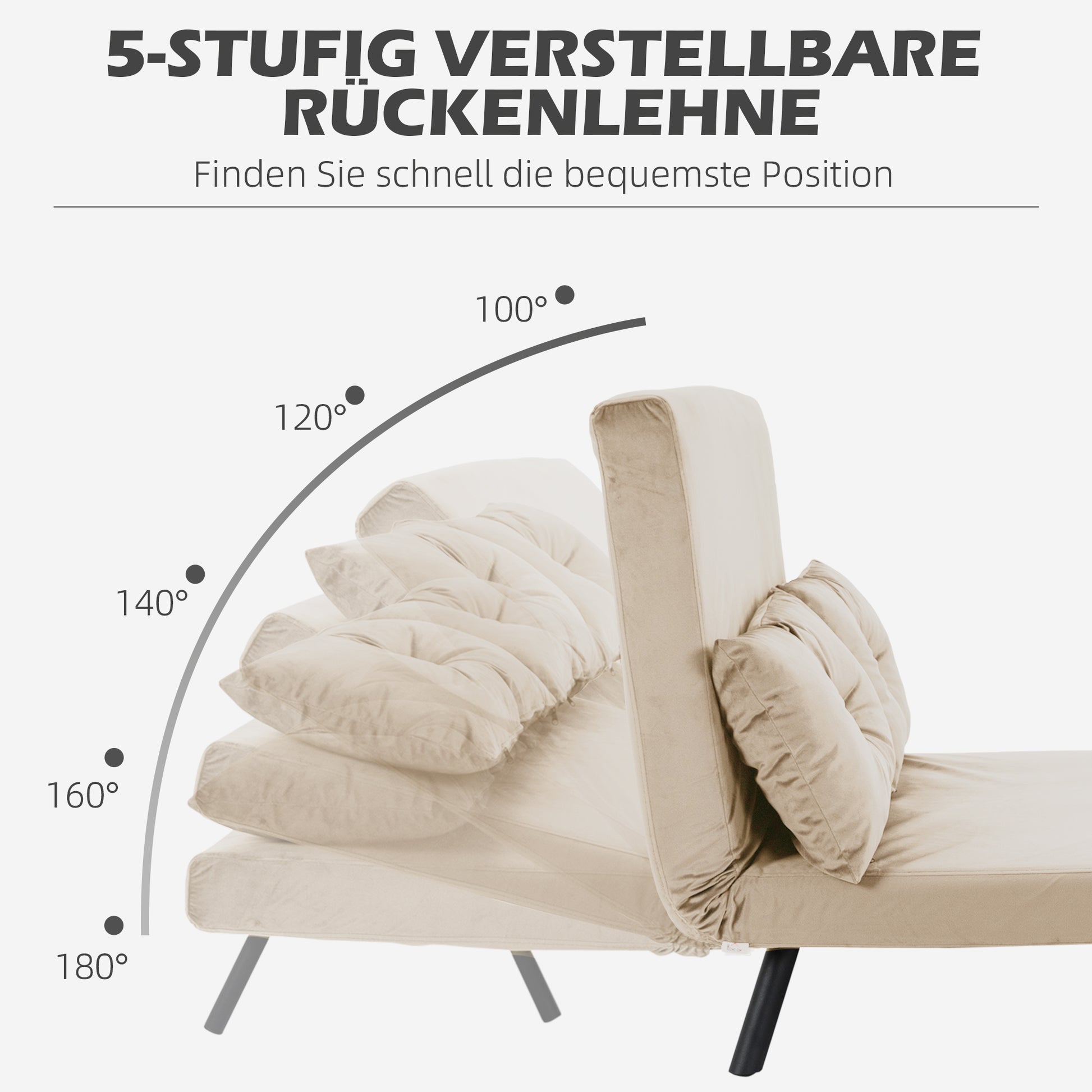 sleeper sofa, folding bed with bed function, recliner with back cushions, padded sofa with adjustable backrest, velvet look, 102W x 73D x 81H cm, Beige