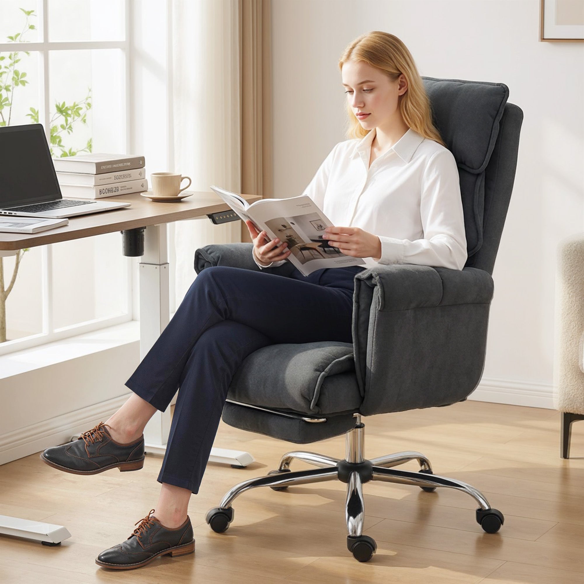 Ergonomic Office Chair with Lumbar Support, Adjustable Footrest & 360° Swivel — Padded Polar Fleece, Dark Gray