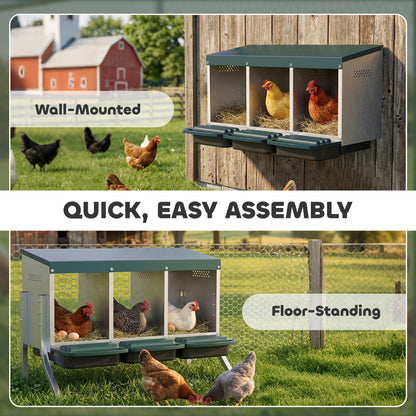 3-Compartment Rollaway Nesting Box for Chickens, Ventilated with Drainage, Fits 3 Hens, 85 x 54.6 x 61 cm (33.5 x 21.5 x 24 in), Silver/Green