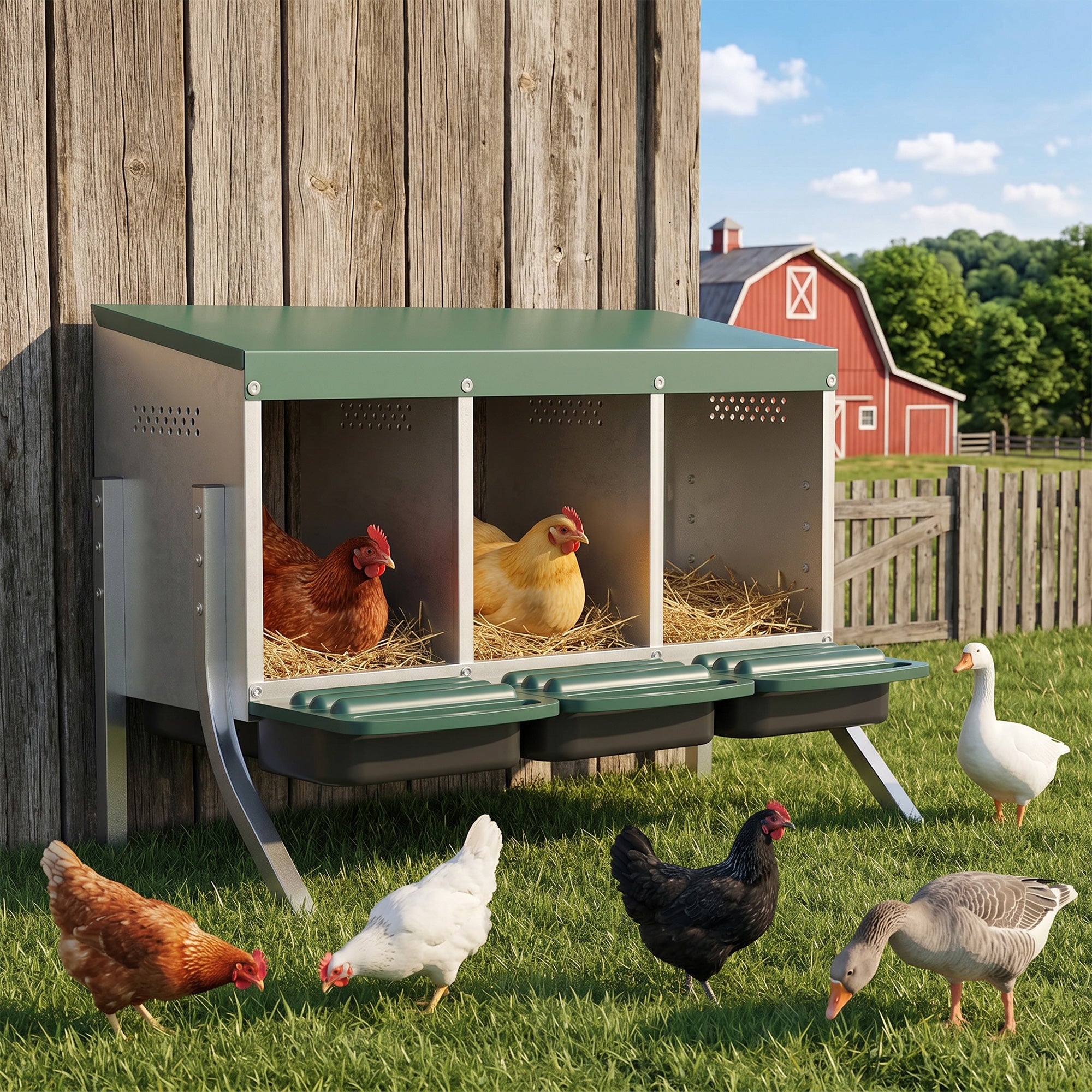 3-Compartment Rollaway Nesting Box for Chickens, Ventilated with Drainage, Fits 3 Hens, 85 x 54.6 x 61 cm (33.5 x 21.5 x 24 in), Silver/Green