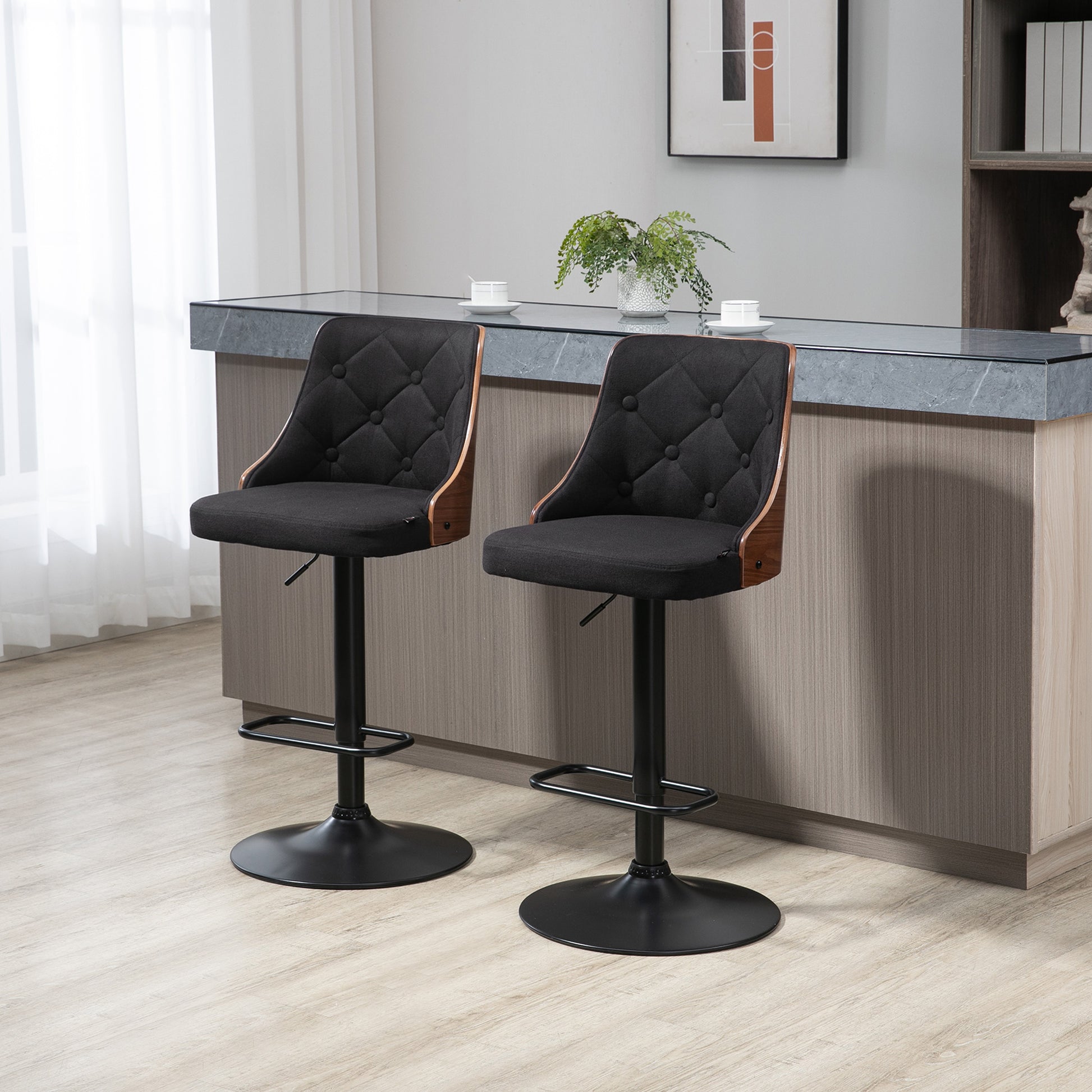 Set of 2 Adjustable Height 360° Swivel Bar Stools, High Bar Chair with Footrest, Upholstered Fabric