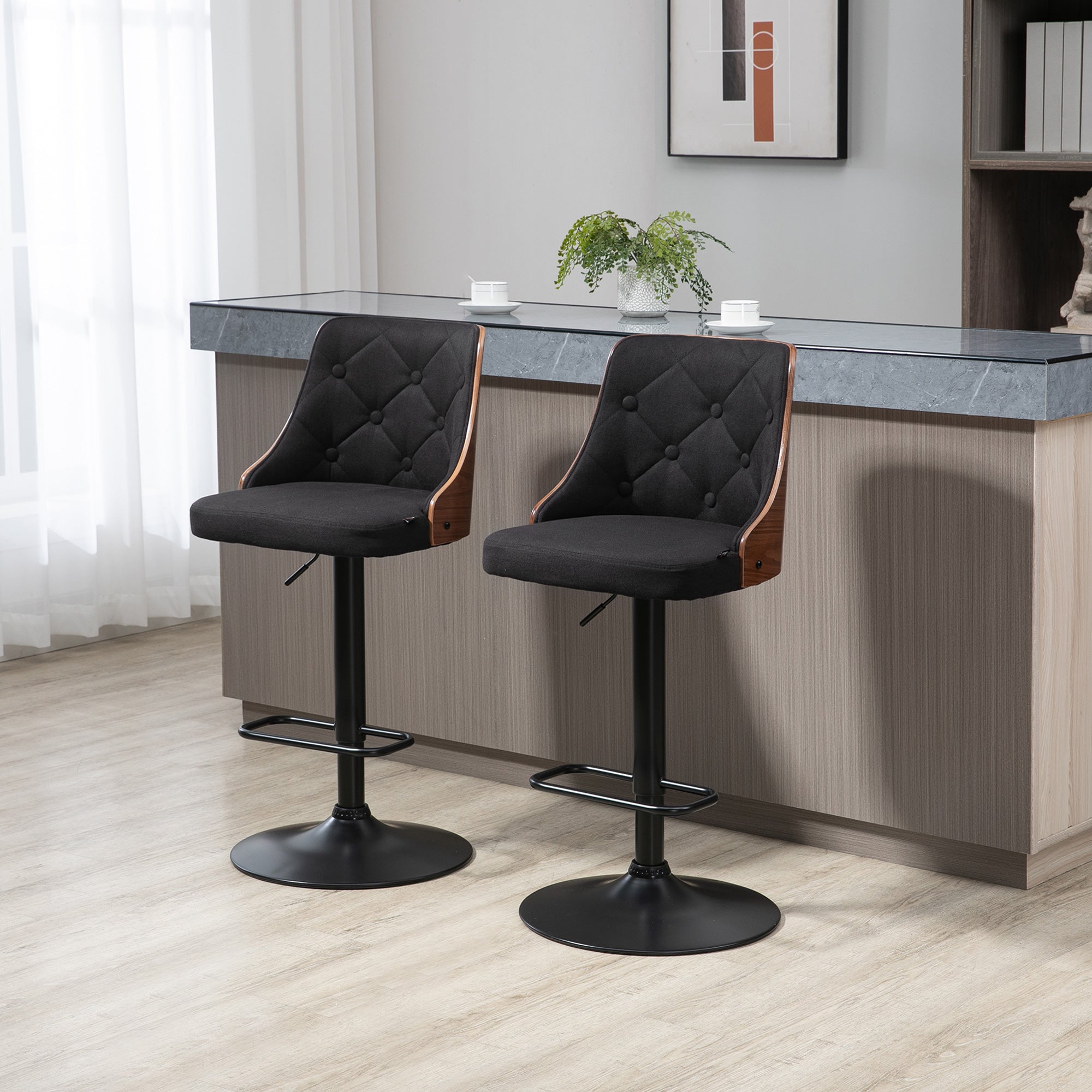 Set of 2 Adjustable Height 360° Swivel Bar Stools, High Bar Chair with Footrest, Upholstered Fabric