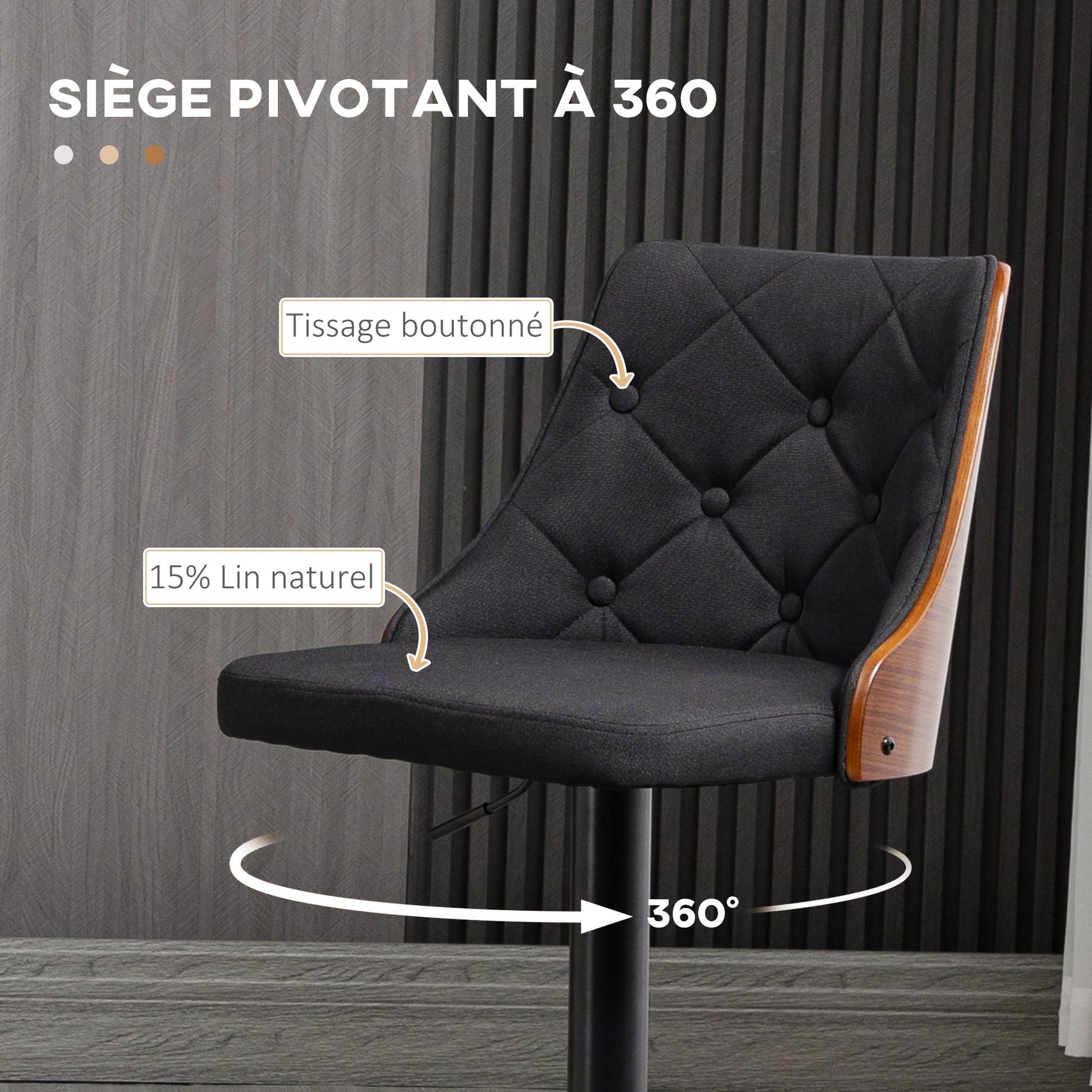 Set of 2 Adjustable Height 360° Swivel Bar Stools, High Bar Chair with Footrest, Upholstered Fabric