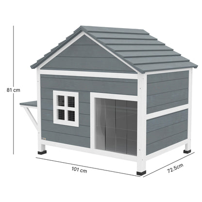 2-Story Wooden Outdoor Cat House with Waterproof Flip-Top Roof, Elevated Base & Side Platform, Window — Gray (Fits 1–2 Small Cats up to 11 lb)