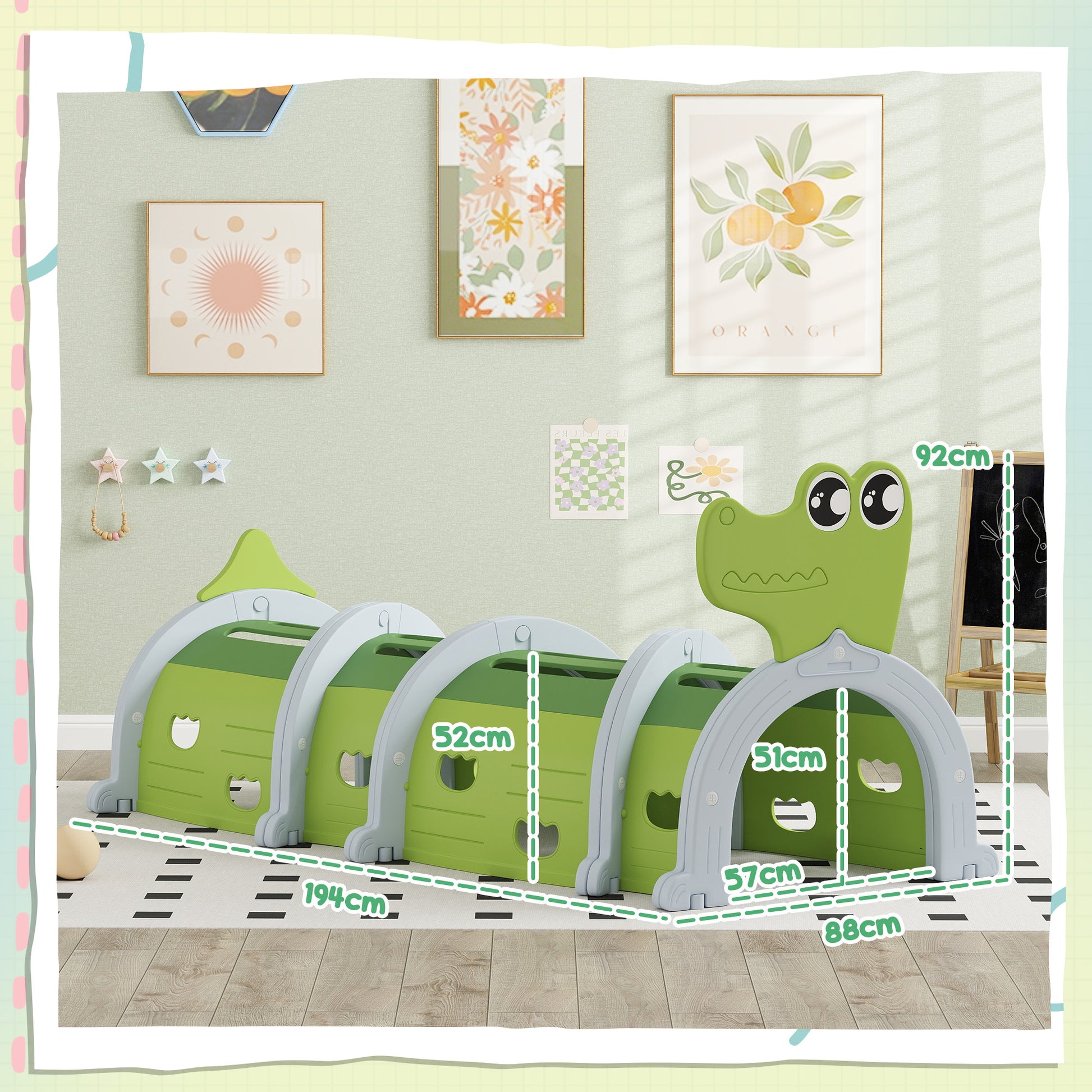 Play Tunnel 194 cm Children's Tunnel made of HDPE Crawl Tunnel in Cartoon Crocodile Crawl Tunnel for Children 3-6 Years, Green