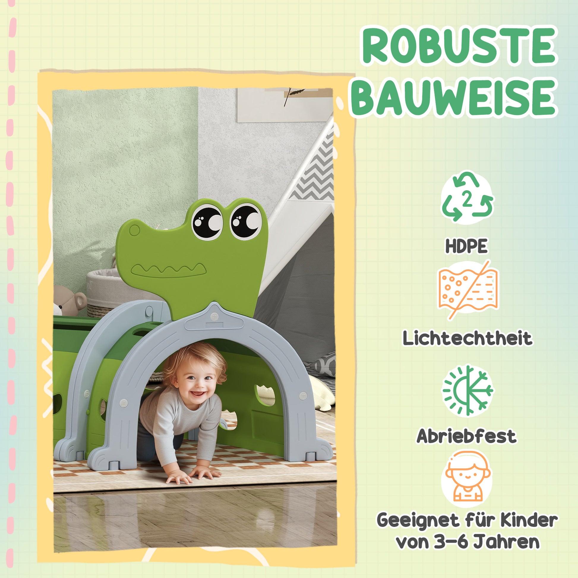 Play Tunnel 194 cm Children's Tunnel made of HDPE Crawl Tunnel in Cartoon Crocodile Crawl Tunnel for Children 3-6 Years, Green