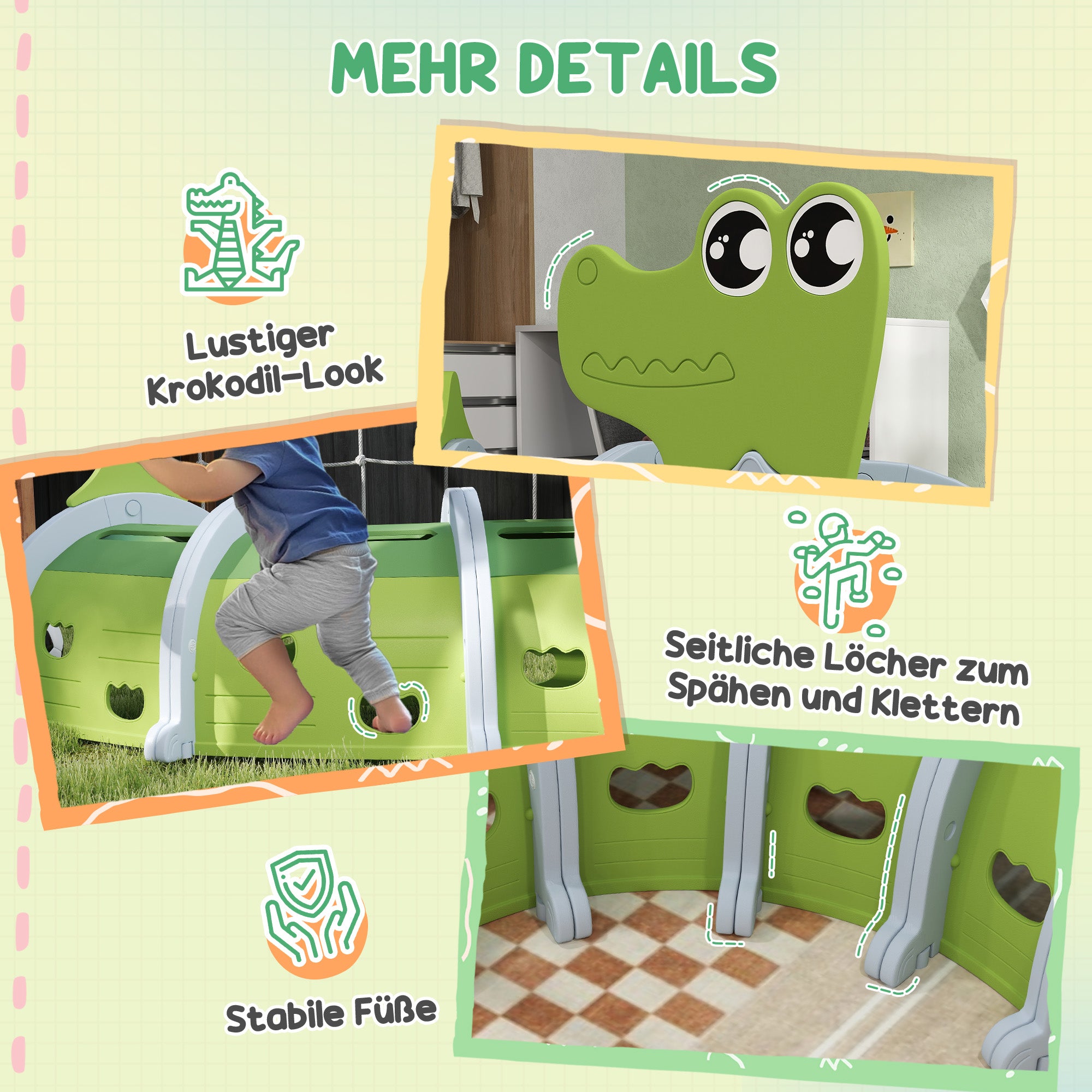 Play Tunnel 194 cm Children's Tunnel made of HDPE Crawl Tunnel in Cartoon Crocodile Crawl Tunnel for Children 3-6 Years, Green