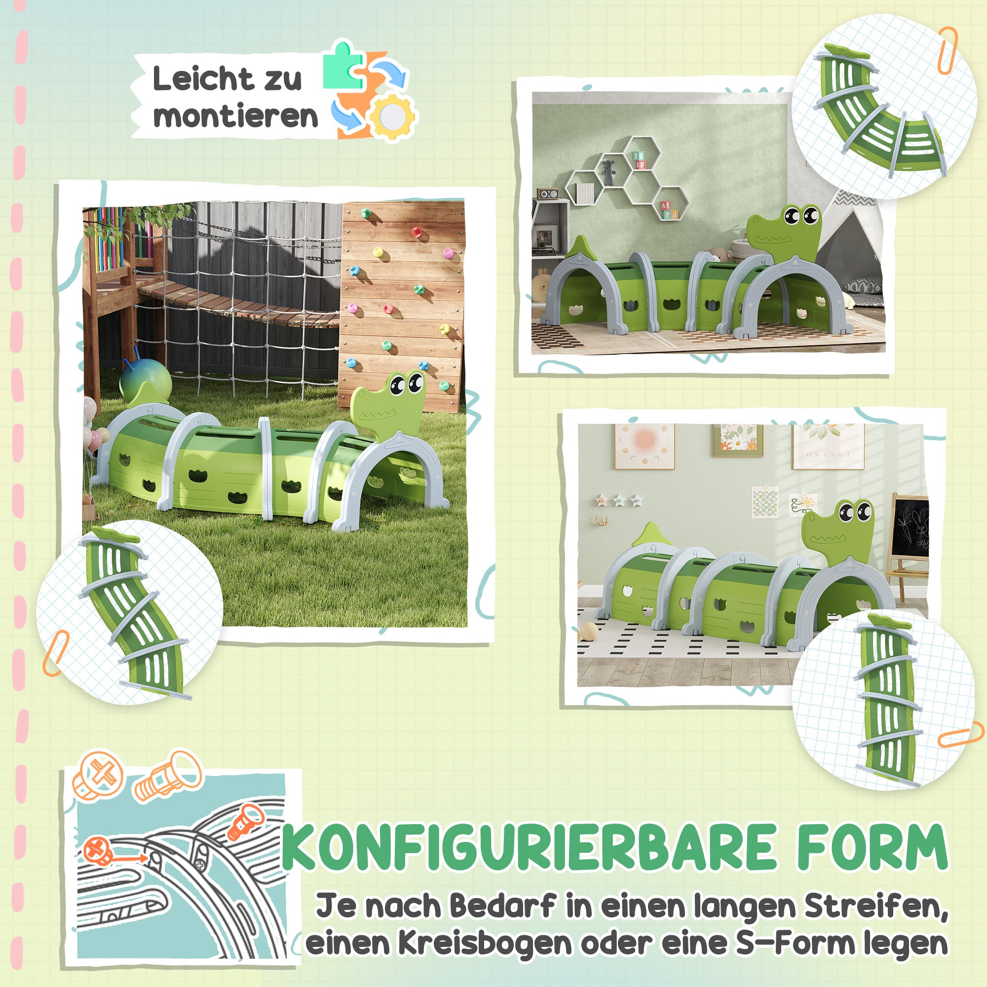 Play Tunnel 194 cm Children's Tunnel made of HDPE Crawl Tunnel in Cartoon Crocodile Crawl Tunnel for Children 3-6 Years, Green