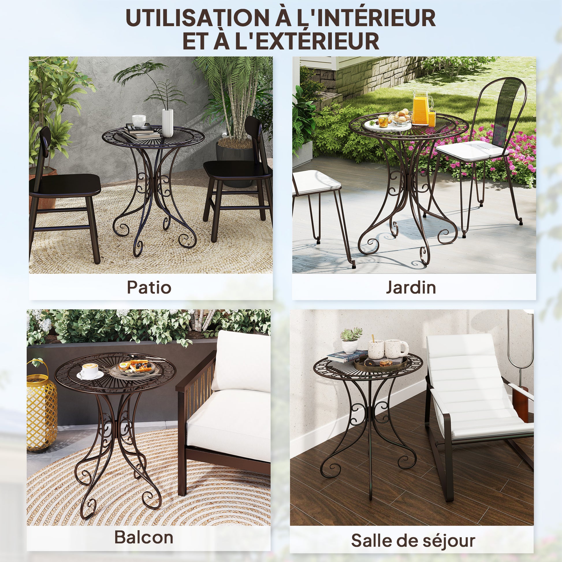 Round Garden Table Ø 85 cm, Metal Frame Terrace Table, 50 kg Load Capacity, for Indoor and Outdoor Use, for Balcony, Porch, Brown