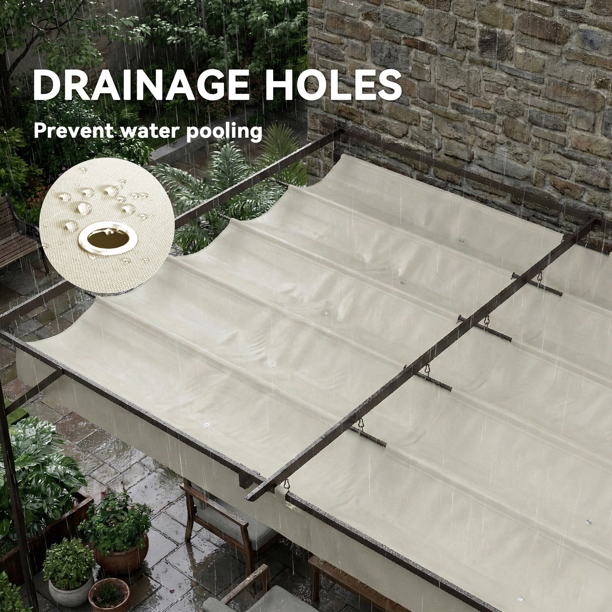 4 x 3 m (approx. 13 x 9.8 ft) Wall-Mounted Garden Pergola with Retractable Roof, UPF30+ Protection, Drainage Holes & Metal Frame — Cream