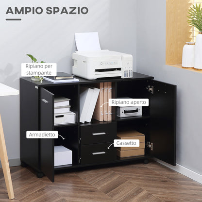 Multifunctional Office Cabinet with 360° Wheels, for Printers and Files, in Black Wood 100x40x71cm