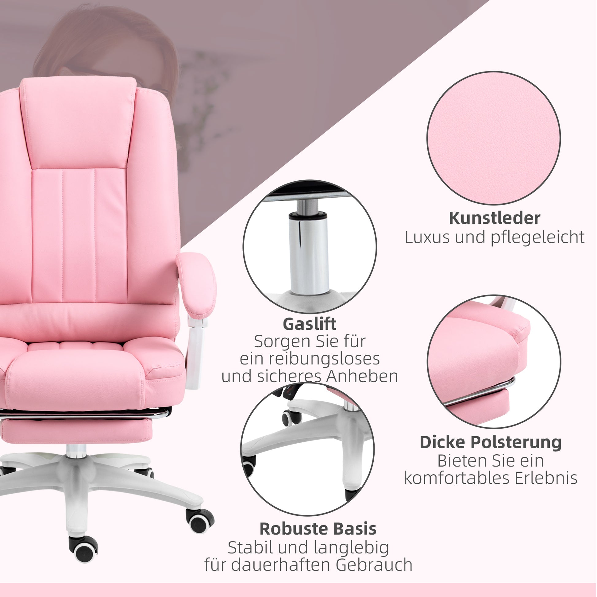 Office Chair Executive Chair with Footrest, Reclining Desk Chair with Wheels, Height Adjustable Swivel Chair, Computer Chair for Office, Faux Leather, Pink