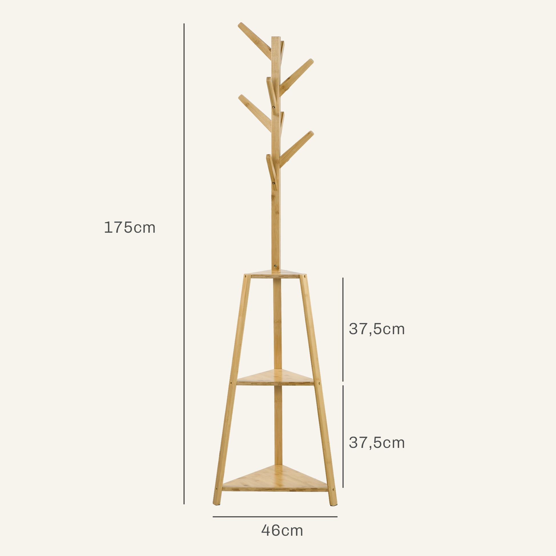 Bamboo Wood Coat Rack Stand, Clothes Hanger with 8 Hooks, 3 Shelves, Wardrobe, 46 x 46 x 175 cm, Entryway Furniture for Clothes, Hats, Entry, Natural
