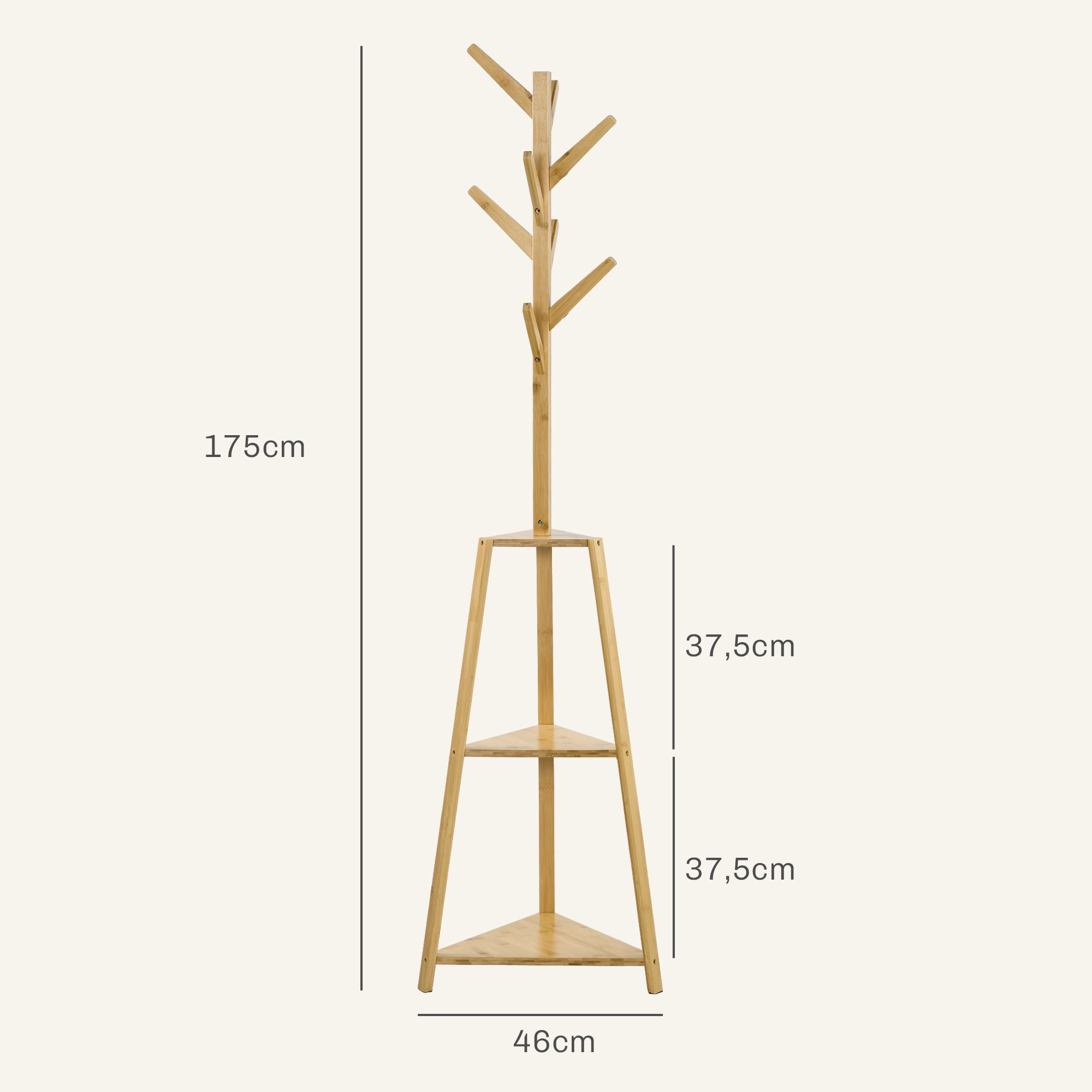 Bamboo Wood Coat Rack Stand, Clothes Hanger with 8 Hooks, 3 Shelves, Wardrobe, 46 x 46 x 175 cm, Entryway Furniture for Clothes, Hats, Entry, Natural