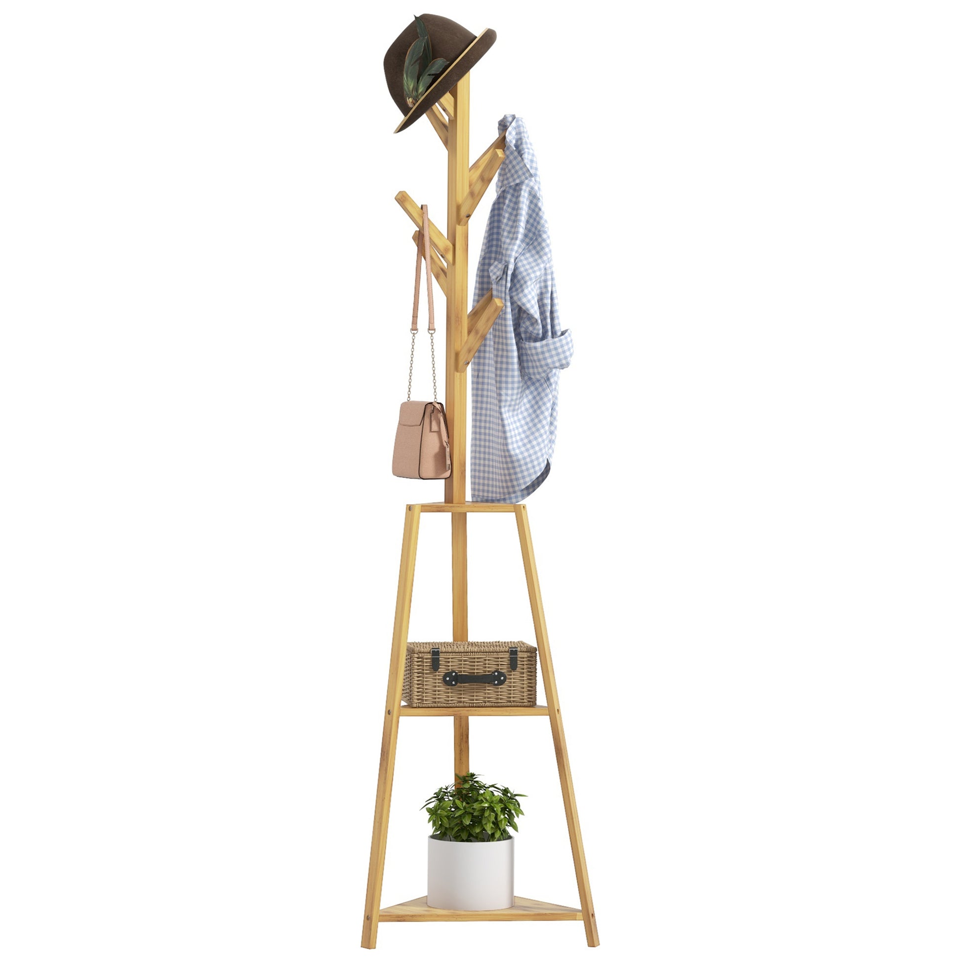 Bamboo Wood Coat Rack Stand, Clothes Hanger with 8 Hooks, 3 Shelves, Wardrobe, 46 x 46 x 175 cm, Entryway Furniture for Clothes, Hats, Entry, Natural