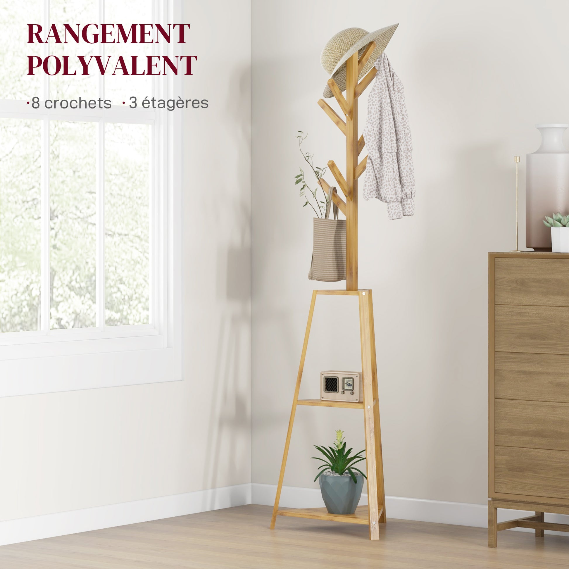 Bamboo Wood Coat Rack Stand, Clothes Hanger with 8 Hooks, 3 Shelves, Wardrobe, 46 x 46 x 175 cm, Entryway Furniture for Clothes, Hats, Entry, Natural