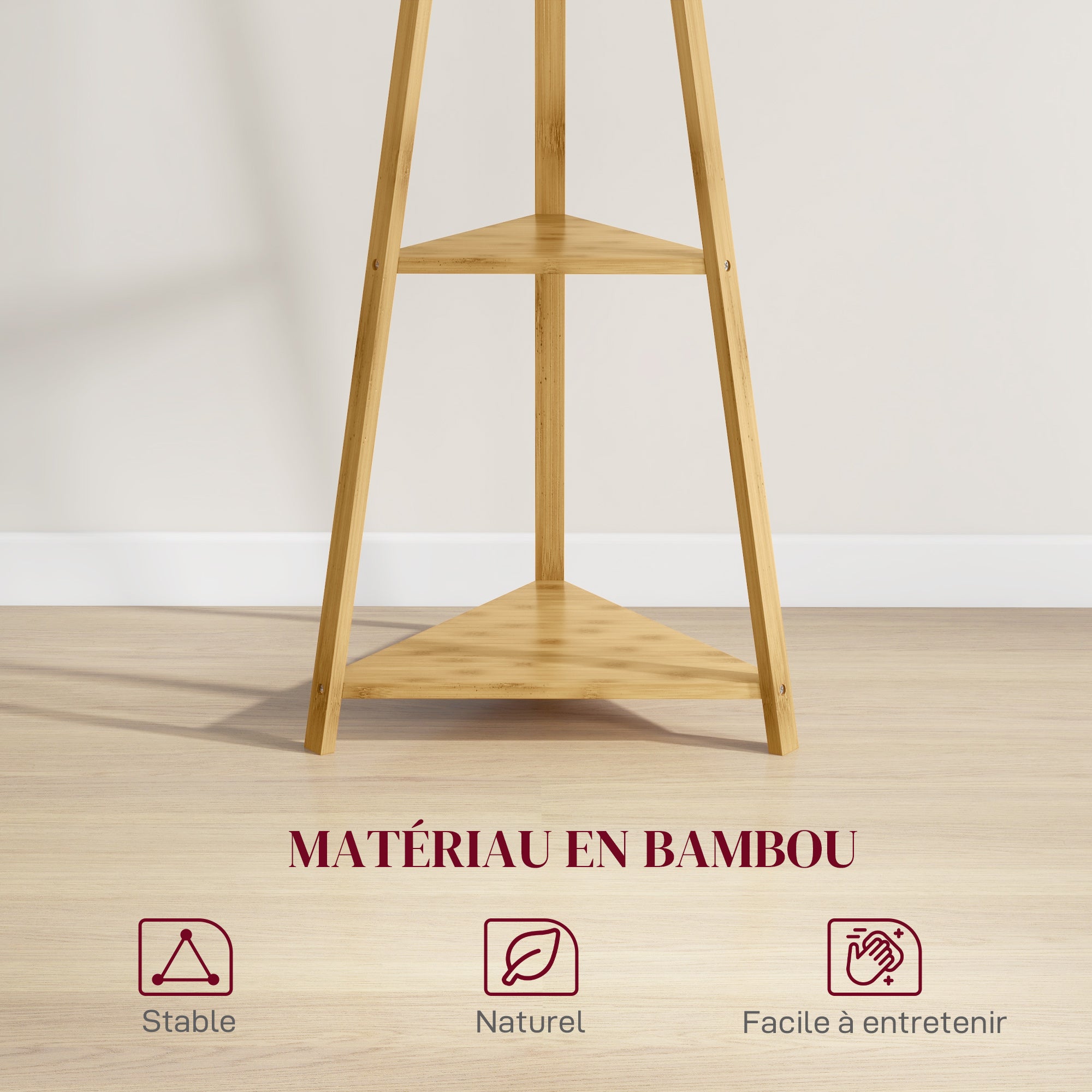 Bamboo Wood Coat Rack Stand, Clothes Hanger with 8 Hooks, 3 Shelves, Wardrobe, 46 x 46 x 175 cm, Entryway Furniture for Clothes, Hats, Entry, Natural