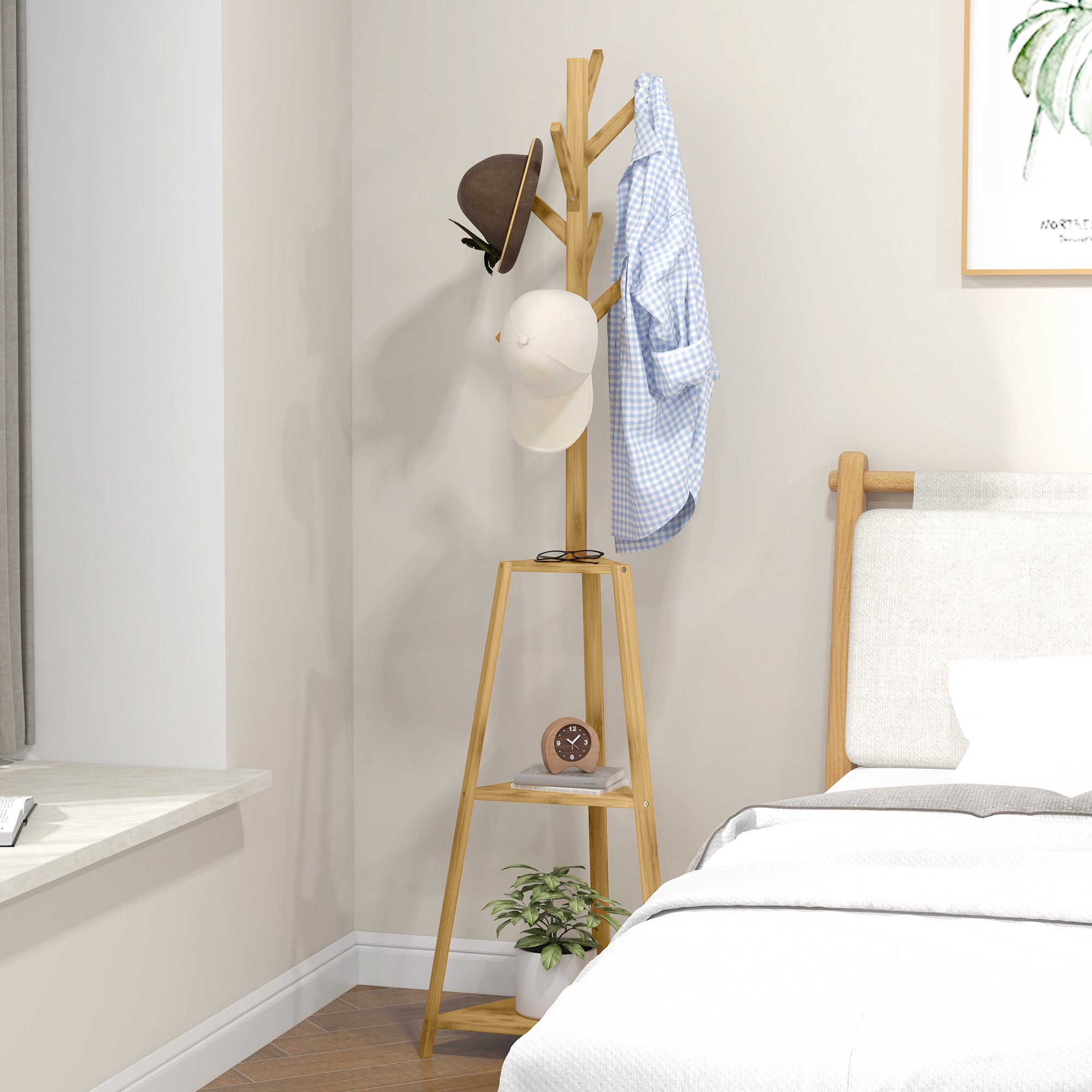 Bamboo Wood Coat Rack Stand, Clothes Hanger with 8 Hooks, 3 Shelves, Wardrobe, 46 x 46 x 175 cm, Entryway Furniture for Clothes, Hats, Entry, Natural