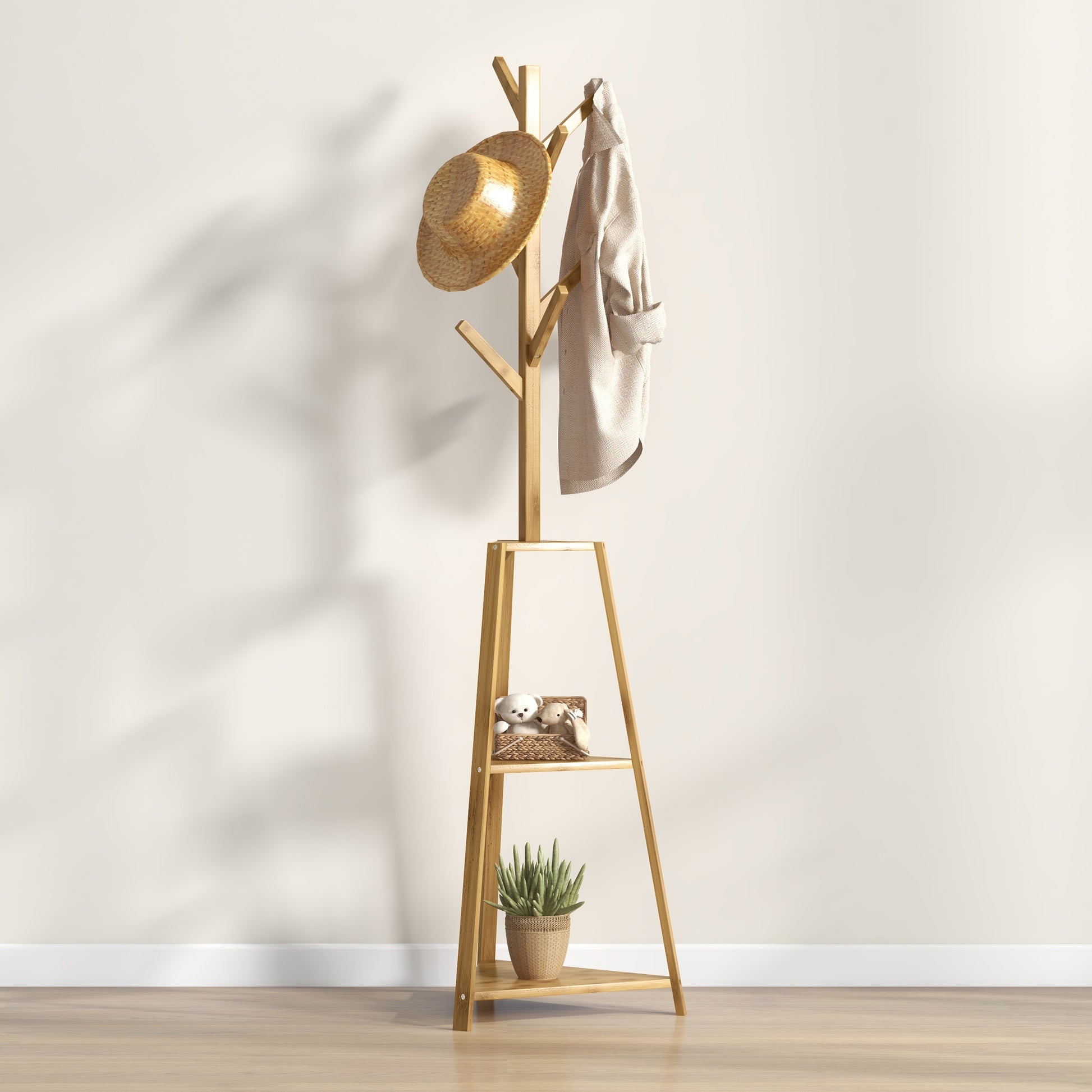 Bamboo Wood Coat Rack Stand, Clothes Hanger with 8 Hooks, 3 Shelves, Wardrobe, 46 x 46 x 175 cm, Entryway Furniture for Clothes, Hats, Entry, Natural