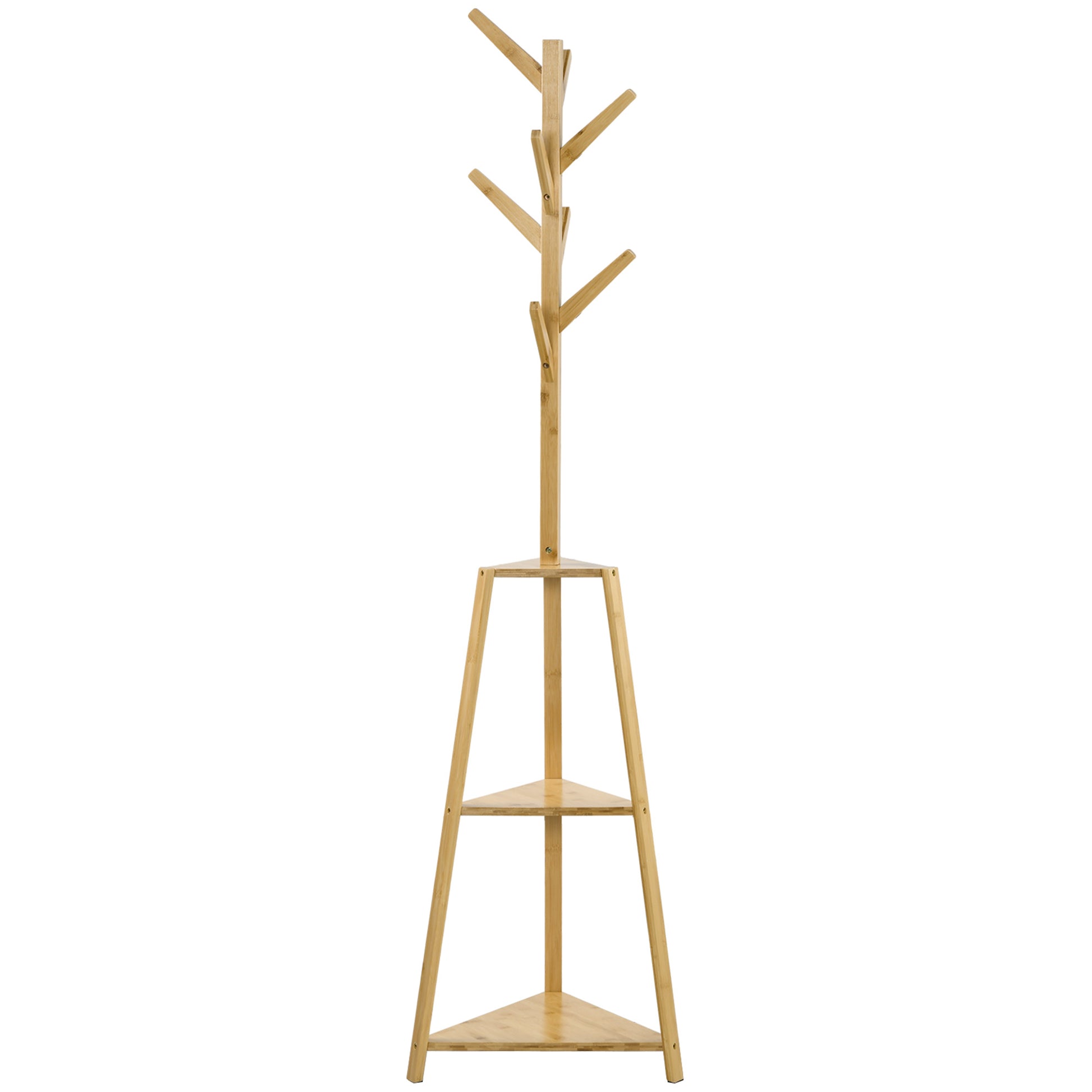 Bamboo Wood Coat Rack Stand, Clothes Hanger with 8 Hooks, 3 Shelves, Wardrobe, 46 x 46 x 175 cm, Entryway Furniture for Clothes, Hats, Entry, Natural