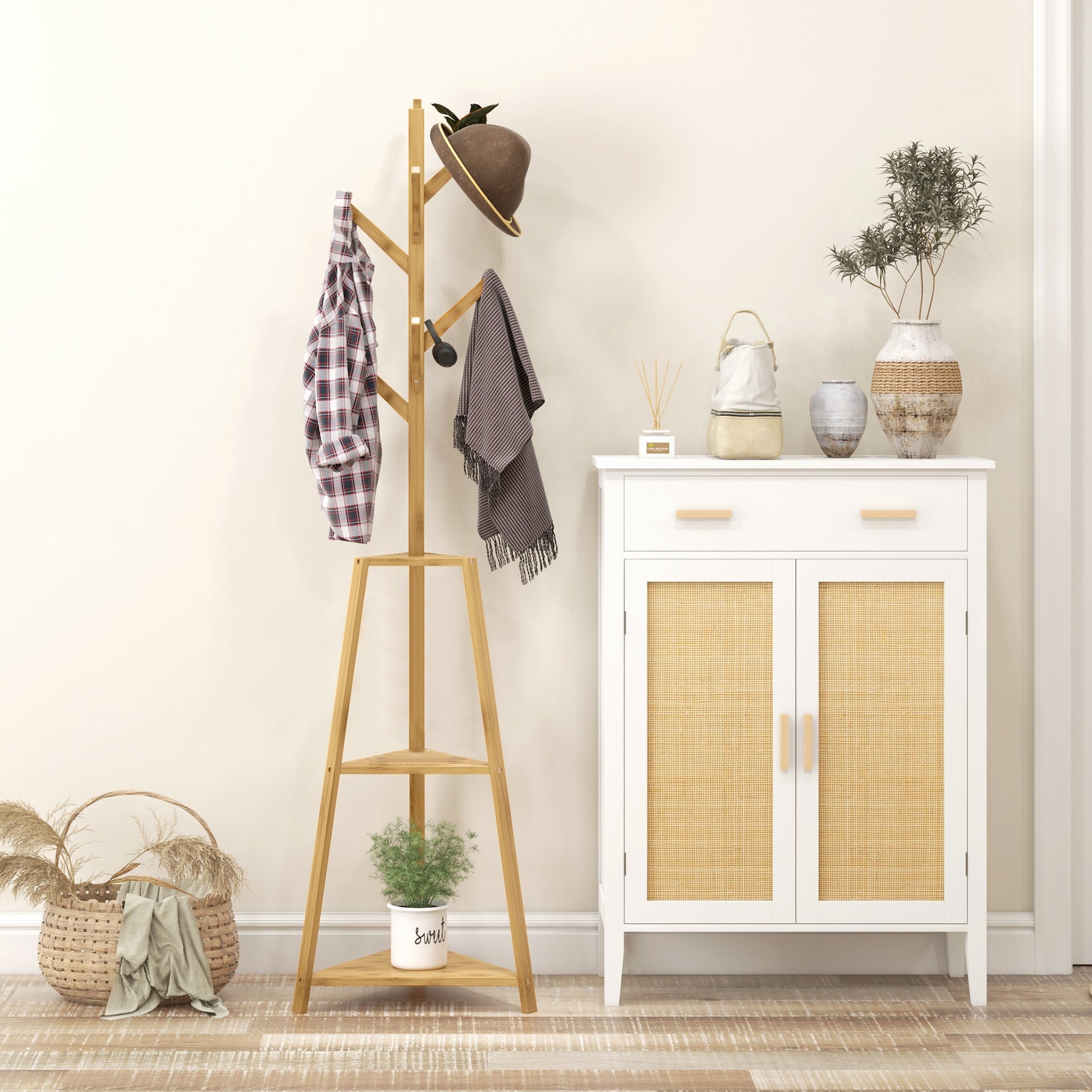 Bamboo Wood Coat Rack Stand, Clothes Hanger with 8 Hooks, 3 Shelves, Wardrobe, 46 x 46 x 175 cm, Entryway Furniture for Clothes, Hats, Entry, Natural