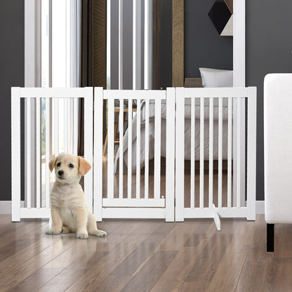 Wooden Dog Gate 61x30 inches Pet Fence Foldable 3 Panels with 1 Door and Support Legs for Hallway Stairway White