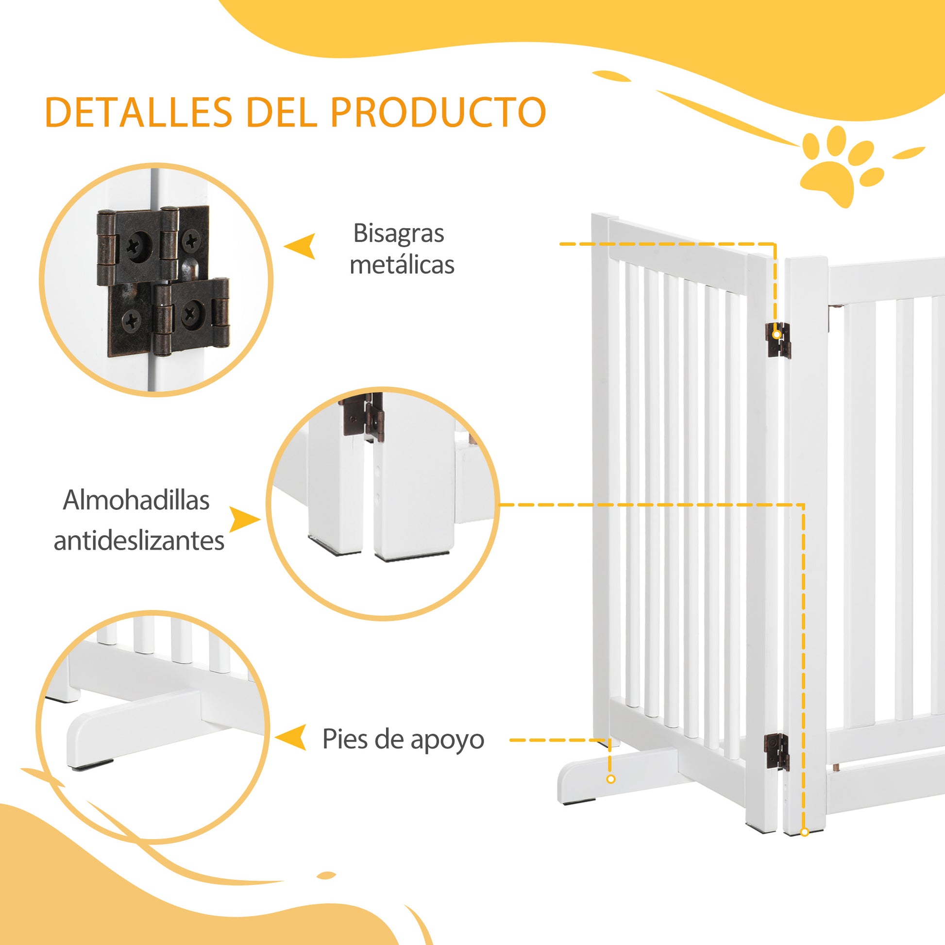 Wooden Dog Gate 61x30 inches Pet Fence Foldable 3 Panels with 1 Door and Support Legs for Hallway Stairway White