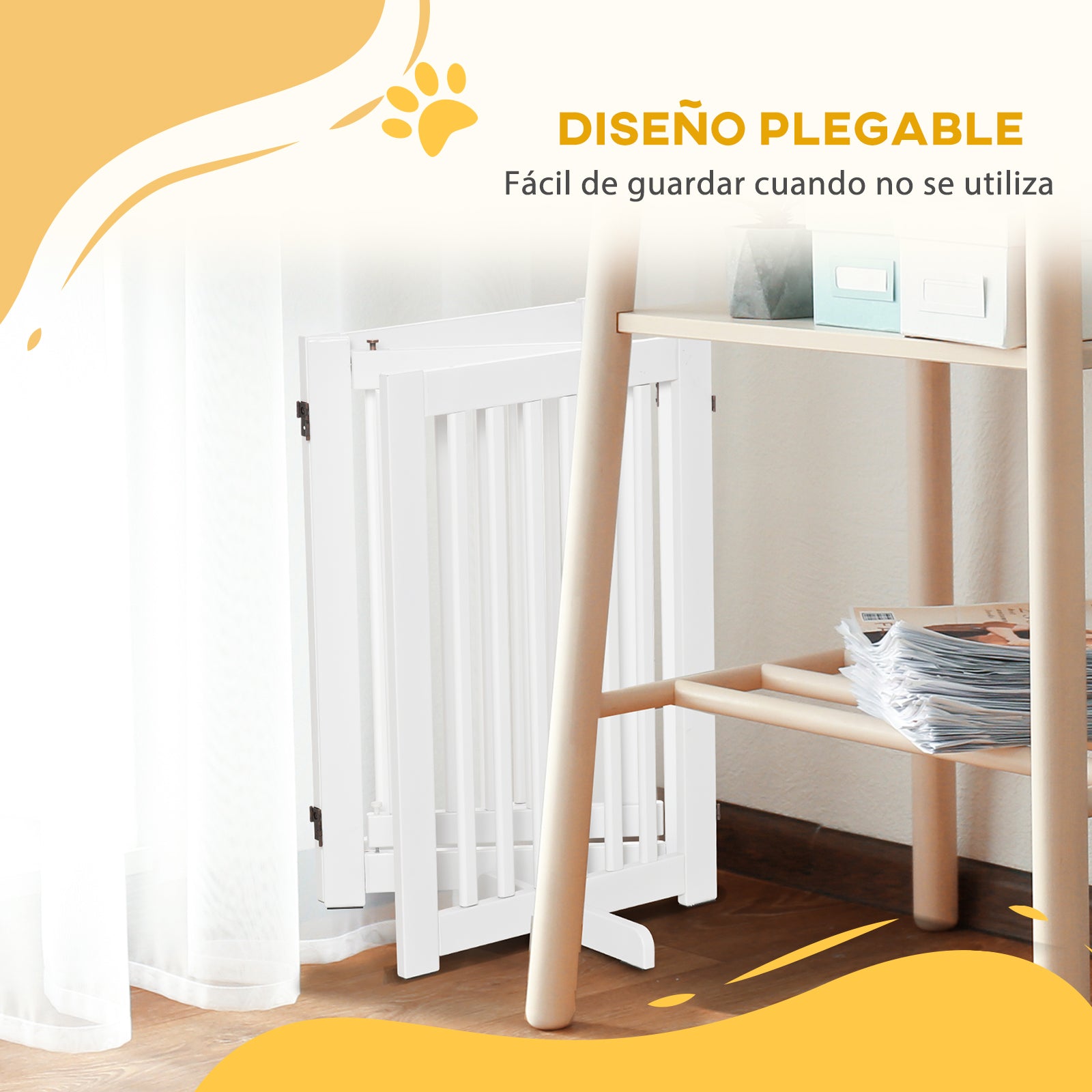 Wooden Dog Gate 61x30 inches Pet Fence Foldable 3 Panels with 1 Door and Support Legs for Hallway Stairway White