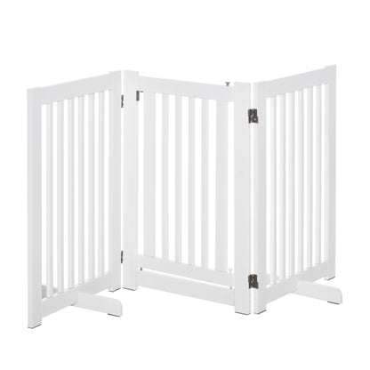 Wooden Dog Gate 61x30 inches Pet Fence Foldable 3 Panels with 1 Door and Support Legs for Hallway Stairway White